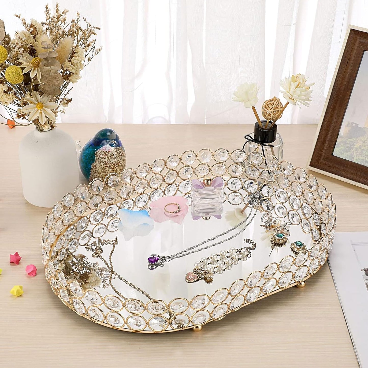 Hipiwe Crystal Vanity Tray Mirrored Dresser Perfume Trays for Makeup Tray Cosmetic Skin Care Storage, Jewelry Trinket Organizer Tray for Bathroom Countertop Home Decor (Large, Gold)