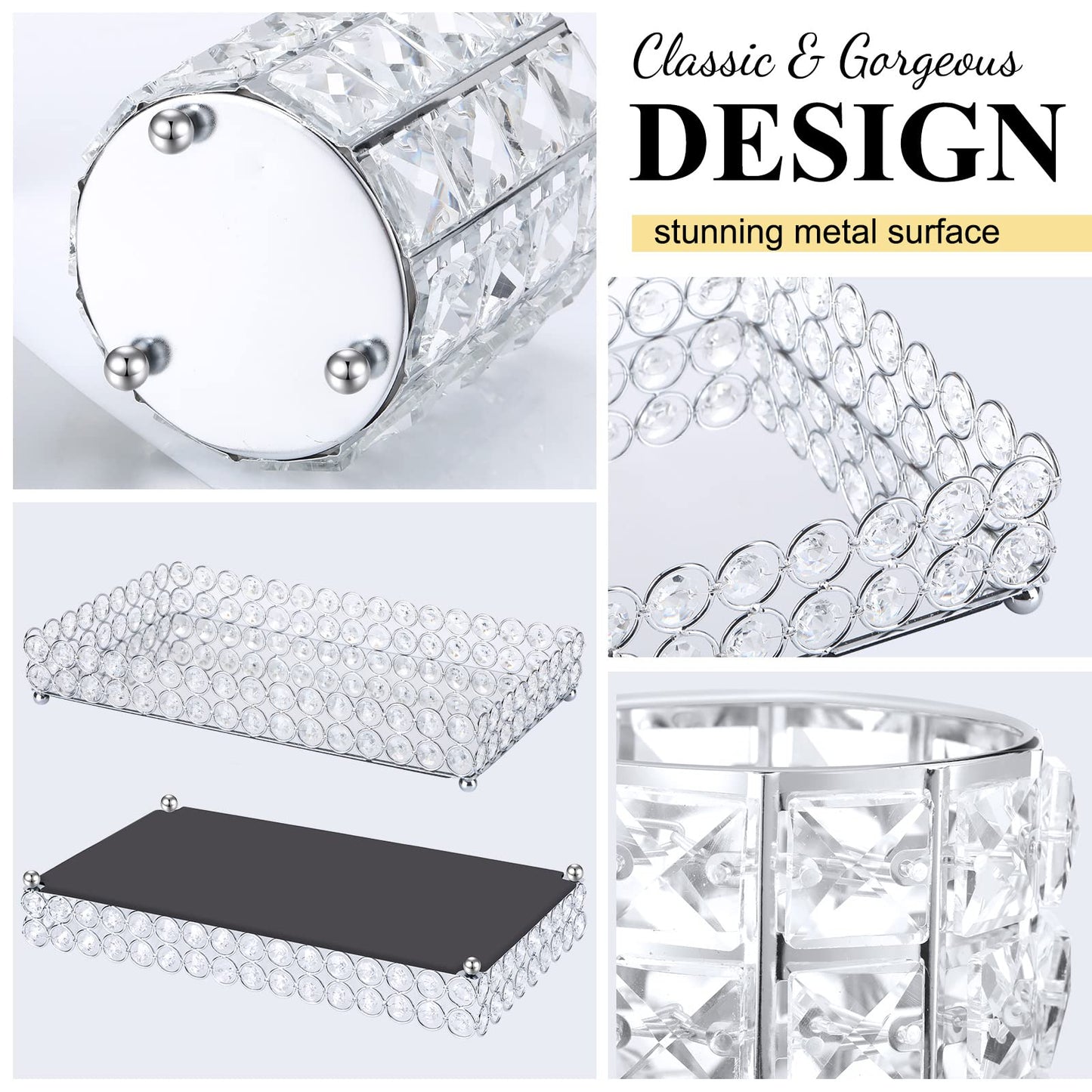 3 Pieces Perfume Tray Crystal Vanity Tray Mirrored Crystal Cosmetic Makeup Tray Set Makeup Brush Holder Bathroom Decorative Organizer Brush Cup Holder Vanity Accessories for Dresser, Silver (Square)