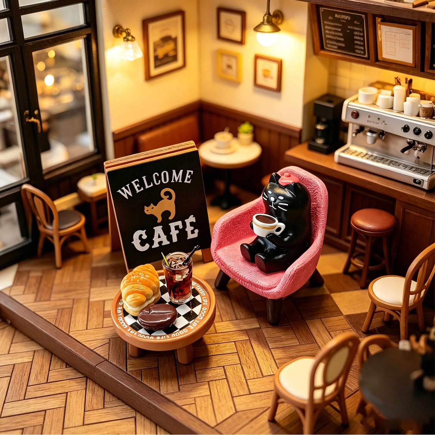 ChilArt 8pcs Resin Cat Office Decor,Cat Figures for Desk,Miniature Afternoon Tea Cat Figurines Set,Cute Coffee-Themed Desk Accessories,Cute Cats Gift for Cats Lovers