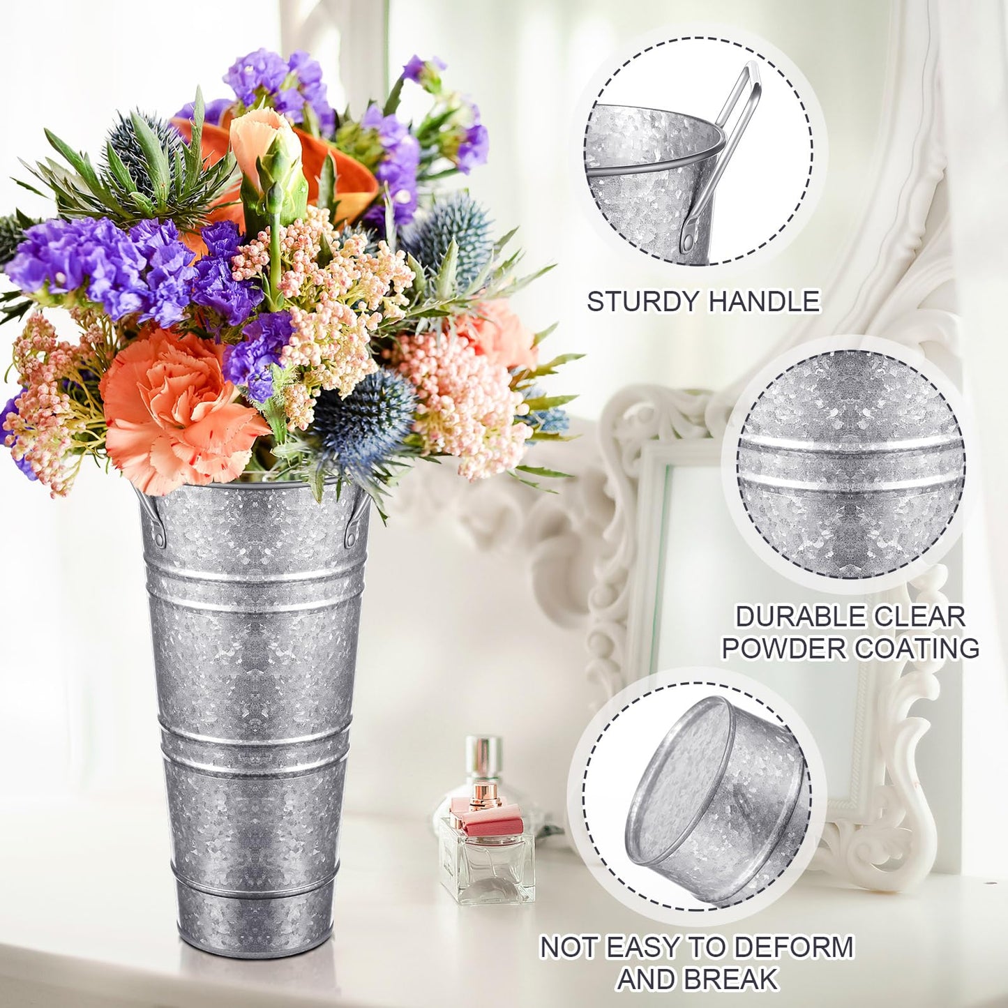 Zhehao 12 PCS 12 Inch Galvanized Metal Vase with Handles Bulk Tin Flower Buckets Galvanized Vases for Flowers Country Wedding Table Centerpieces Metal Flower Buckets for Wedding Home(Matte Silver)