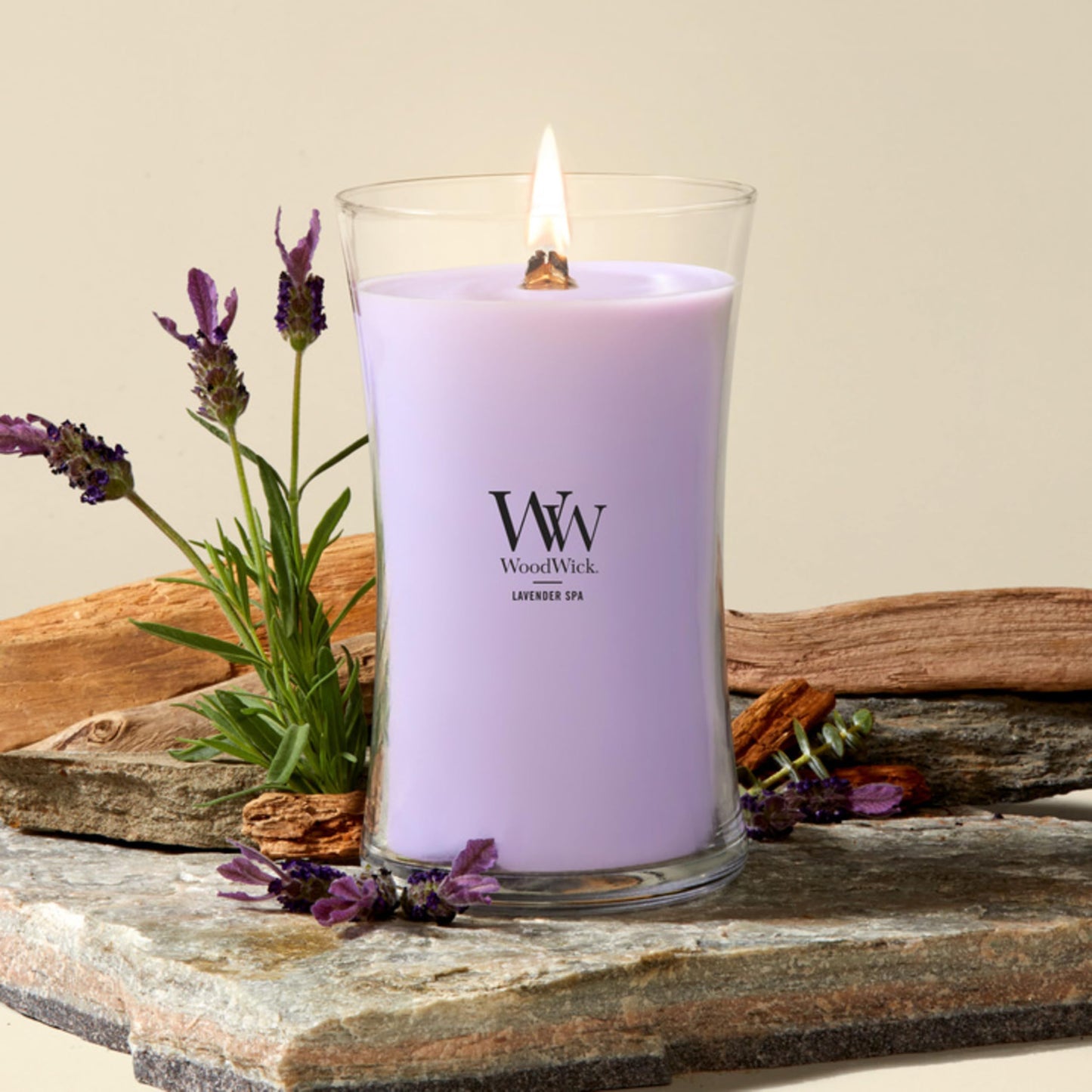 WoodWick Lavender Spa Gifts for Women and Men, 21.5 oz Large Hourglass Candle with Crackling Wick