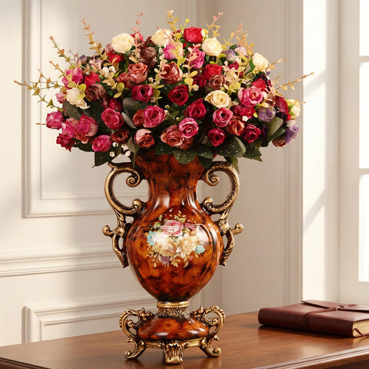 Artificial Flowers in Vase, 20.4" Tall Faux Silk Rose Arrangement, Vintage European Wood Grain Resin Vase, Luxury Indoor Table Centerpiece for Living Room Dining Wedding Decor