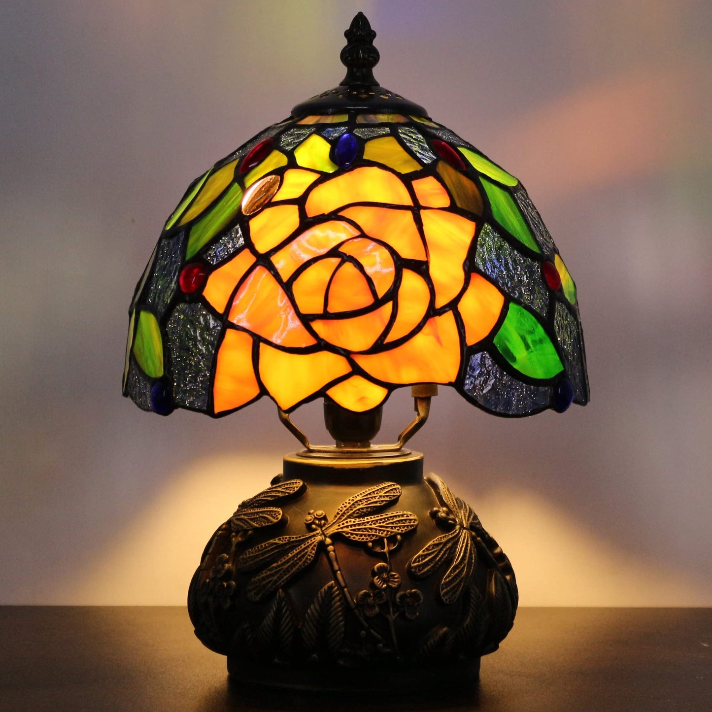 Small Tiffany Lamp Mini Stained Glass Table Lamp Yellow Purple Rose Style