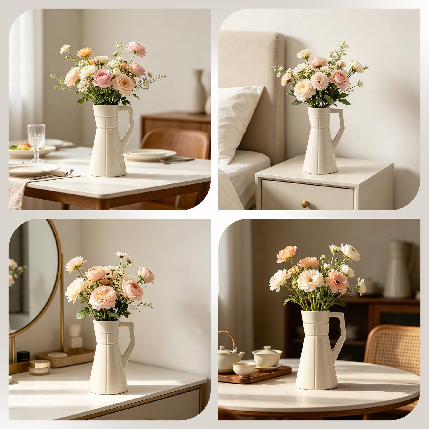 BosilunLife White Ceramic Vase with Handle, 7.87 Inch Tall Decorative Flower Vase for Bouquets, Glazed Farmhouse Vase for Living Room, Dining Table, Entryway and Shelf Decor