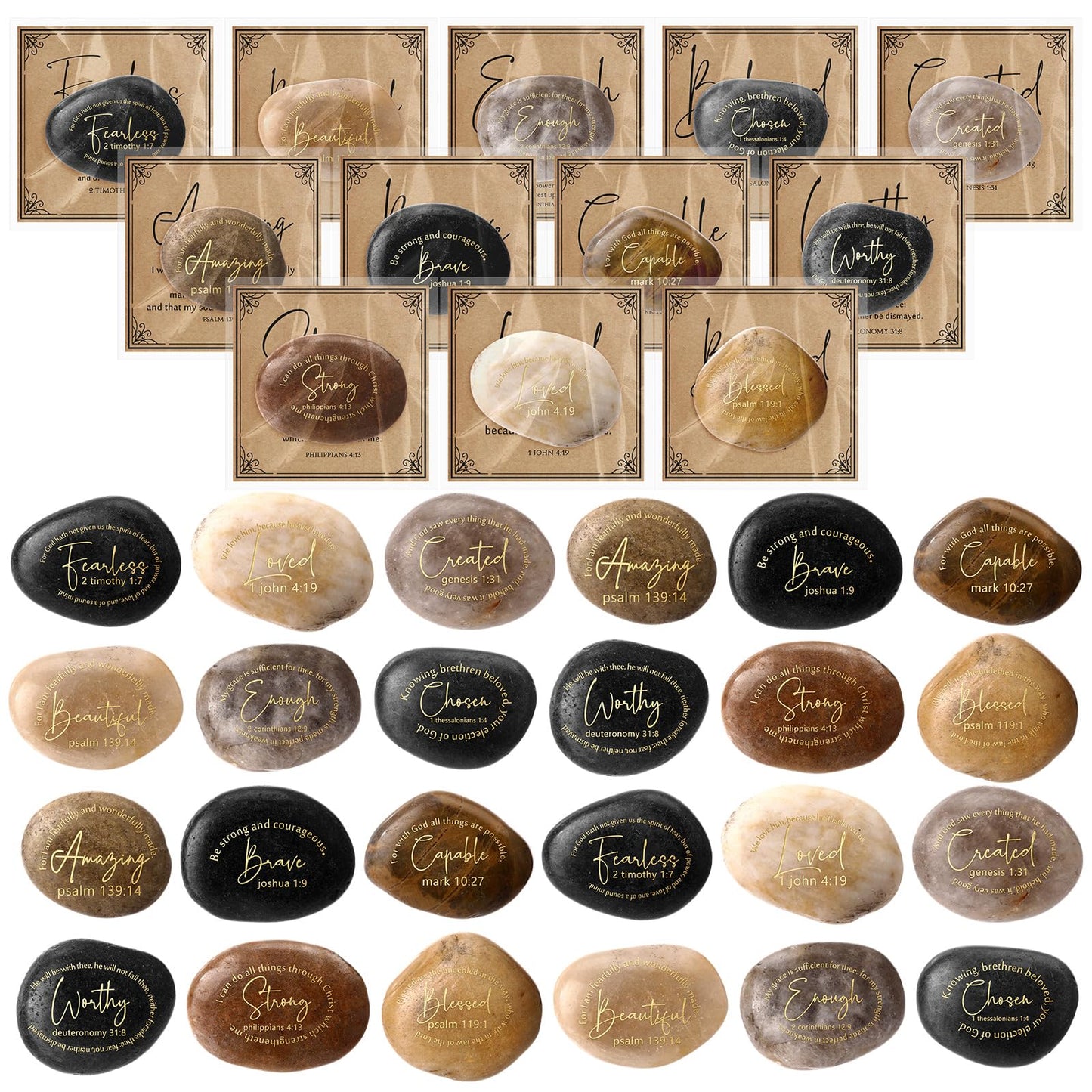 Geelin 24 Sets Inspirational Christian Gift Bible Verse Scripture Stones with Religious Card Rocks Engraved Stones with Prayer Word Grandparent Day Gift for Women Men Church Clergy Pastor (Elegant)