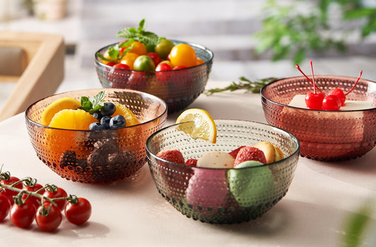 Khen Glass Vintage Hobnail Colored Bowls | Set of 4 | Natural Colors 5.7" - Snack All-Purpose Bowl, Dinner, Cereal, Salad, Dessert, Appetizer Bowl, Fruit, Nuts | Art Deco Hand Wash Housewarming Gift