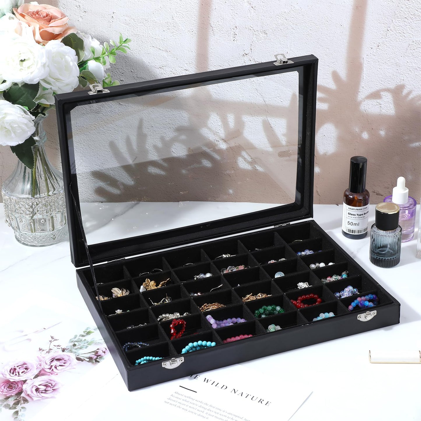 Leooomap 2 Pack 36 Grid Crystal Display Case, Rock Collection Display Case with Clear Lid & Velvet Grids - Black PU Leather Rock Storage Box for Gemstones, Minerals, Collectibles