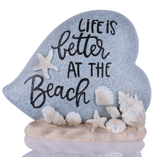 DOVDOV Resin Beach Decor Statue with Seashell and Starfish Accents, Coastal Heart Tabletop Sculpture with Life is Better at the Beach Message for Shelf Mantel Desk Home Display (Blue)