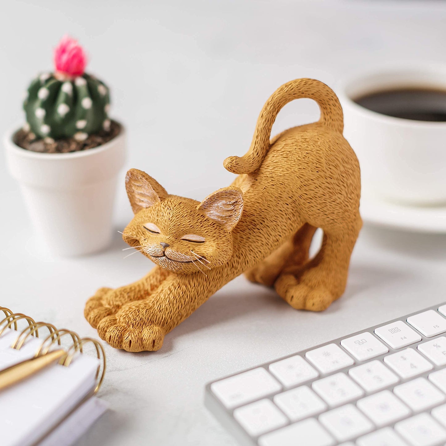 Stretching Orange Cat Figurine – 3 Inch Cute Cat Statue, Yoga Cat Decor for Home, Desk or Shelf, Rustic Cabin Style Animal Figurine Gift for Cat Lovers