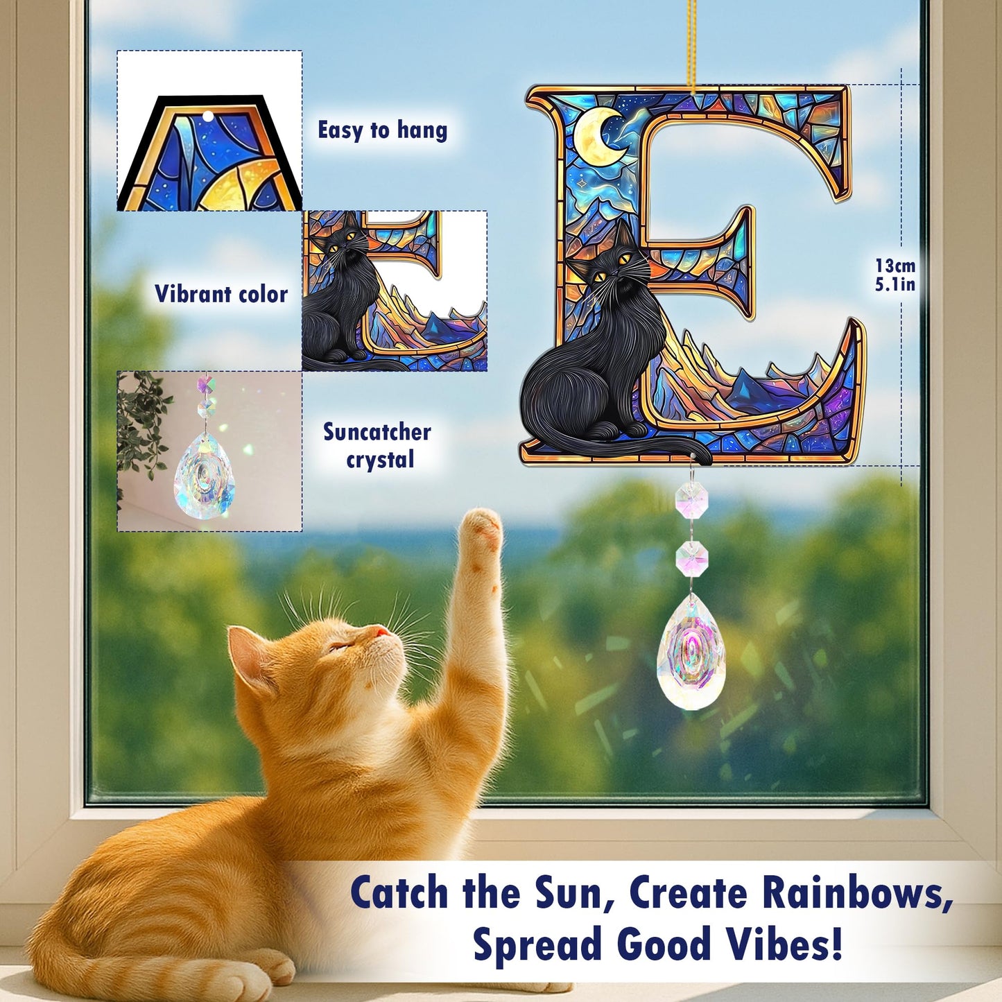 Suncatchers for Windows Hanging, Cat Starry Night Gifts for Women, Crystal Sun Catchers Indoor Window Rainbow Maker. Black Cat Lover Gifts for Women Personalized - Letter E