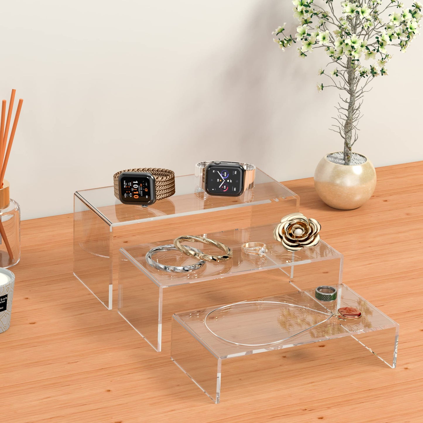Sezanrpt Clear Riser Shelf 3pcs, Desktop Rectangular Acrylic Display Shelves Organizer, Acrylic Stands for Funko Pop Figure, Perfumes, Bags, Shoes, Glasses, Plants, Toys, Collectibles - 8''x8.5''x9''