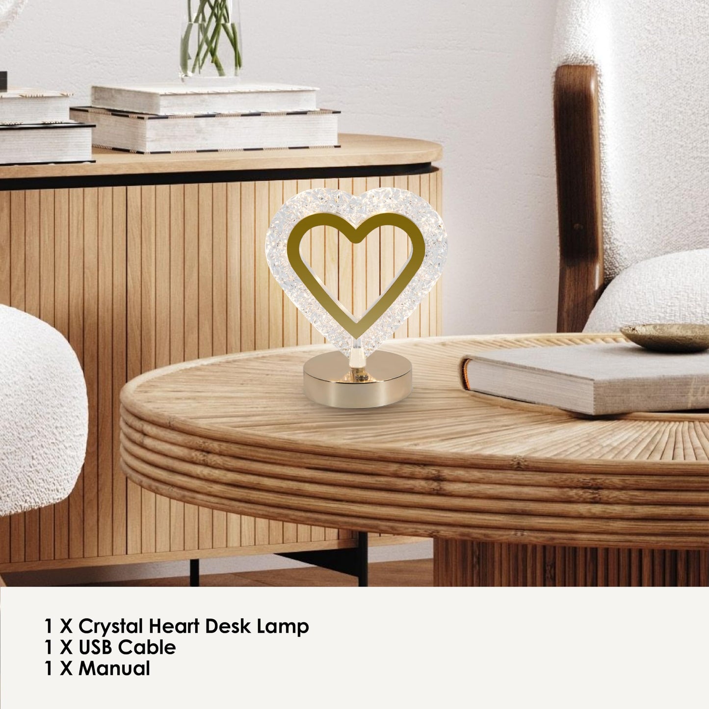 Luze Rechargeable Crystal Heart Touch Lamp - LED Night Lamp with Stepless Dimming, Warm White/Natural White/White Light, 18650 800mAh Battery, USB Cable, Touch Switch Metal Plastic Bedside Light