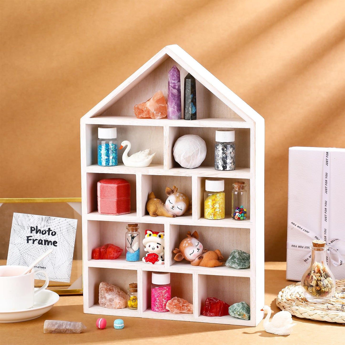 Threehoney House Shaped Wooden Shadow Cubby Box 10 W x 2 1/4 D x 15 H Hanging Display Shelf Organizer Wall Mounted Curio Cabinet Wooden Display Case Miniature Shelf for Figures(Wood Color)