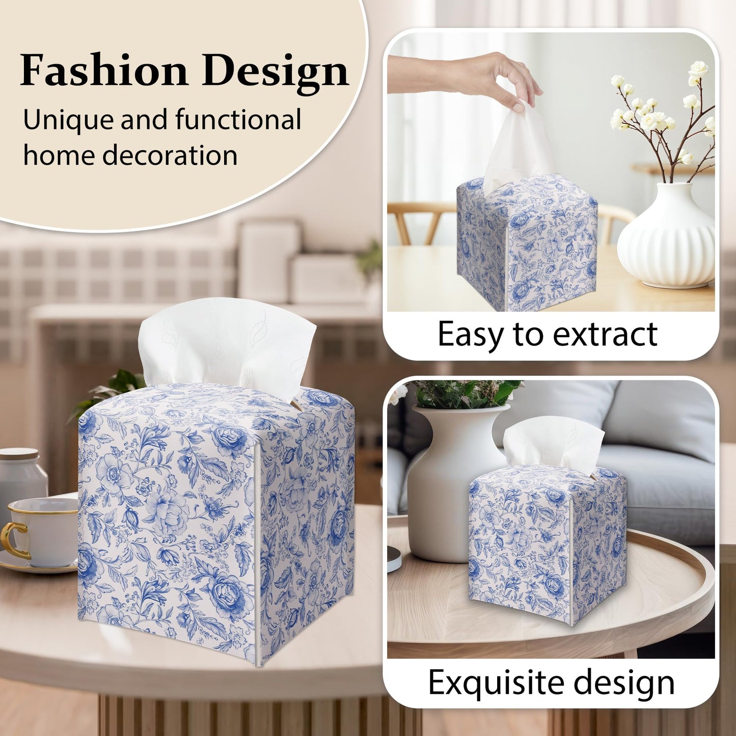 Boho Floral Toile Tissue Box Cover, Blue and White Floral Tissue Box Holder-Waterproof Leather, Desktop Decor for Living Room, Vanity, Office, Gift for Women & Friend, 5 x 5 Inches-A02