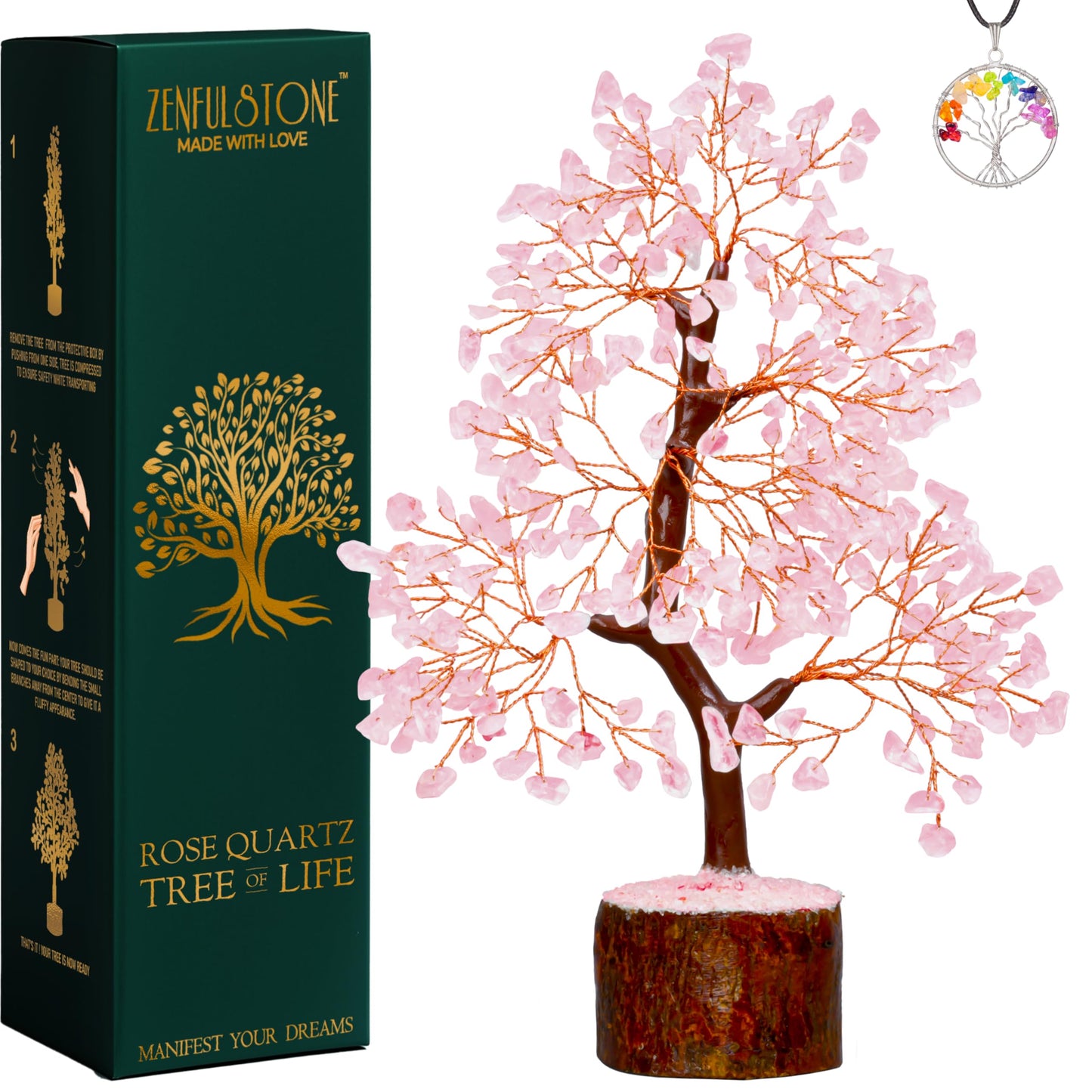 ZENFULSTONE Rose Quartz Crystal Tree of Life for Love & Healing Décor for Home and Office | Handmade Bonsai for Emotional Support & Harmony as Symbol of Piece for Loved Ones