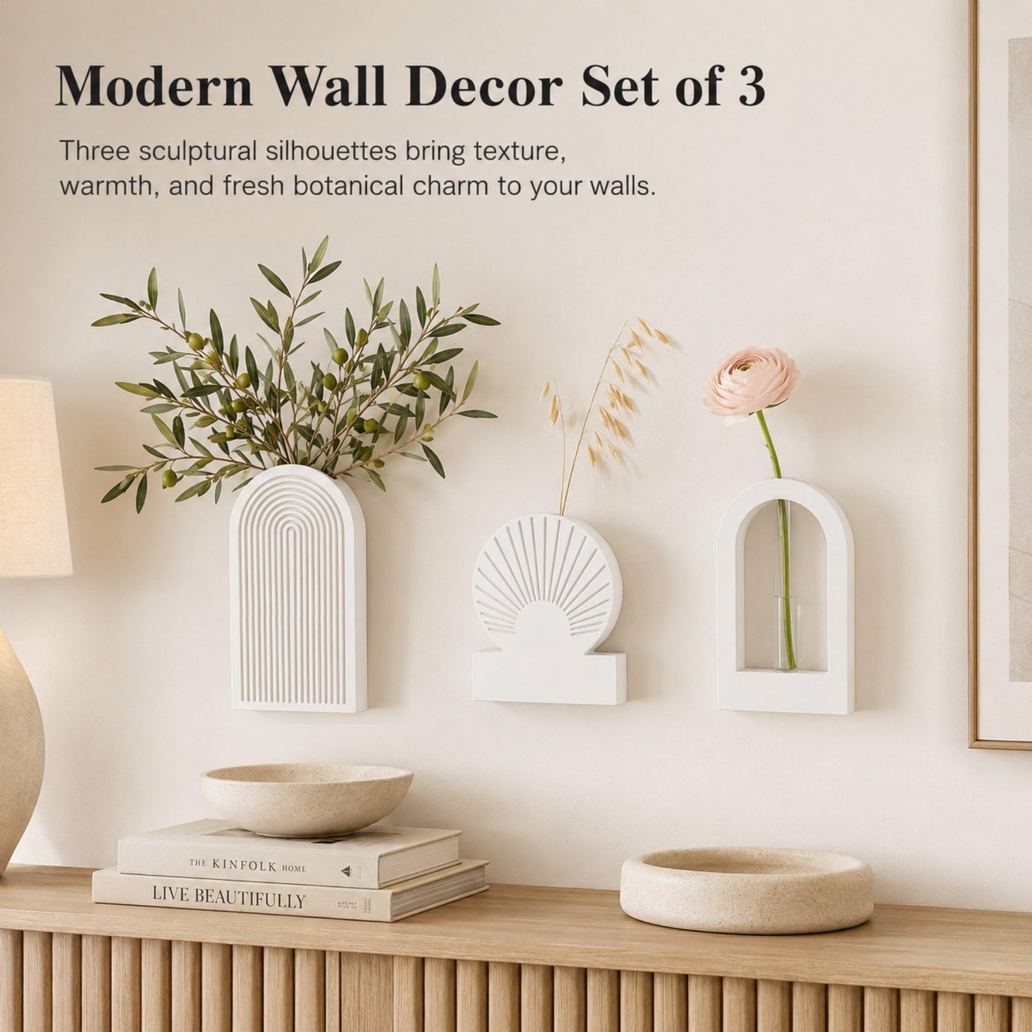TBWIND White Wooden Wall Vases for Flowers Set of 3, Propagation Planter with 2 Glass Tubes, Modern Farmhouse Hanging Wood Decor for Living Room, Entryway