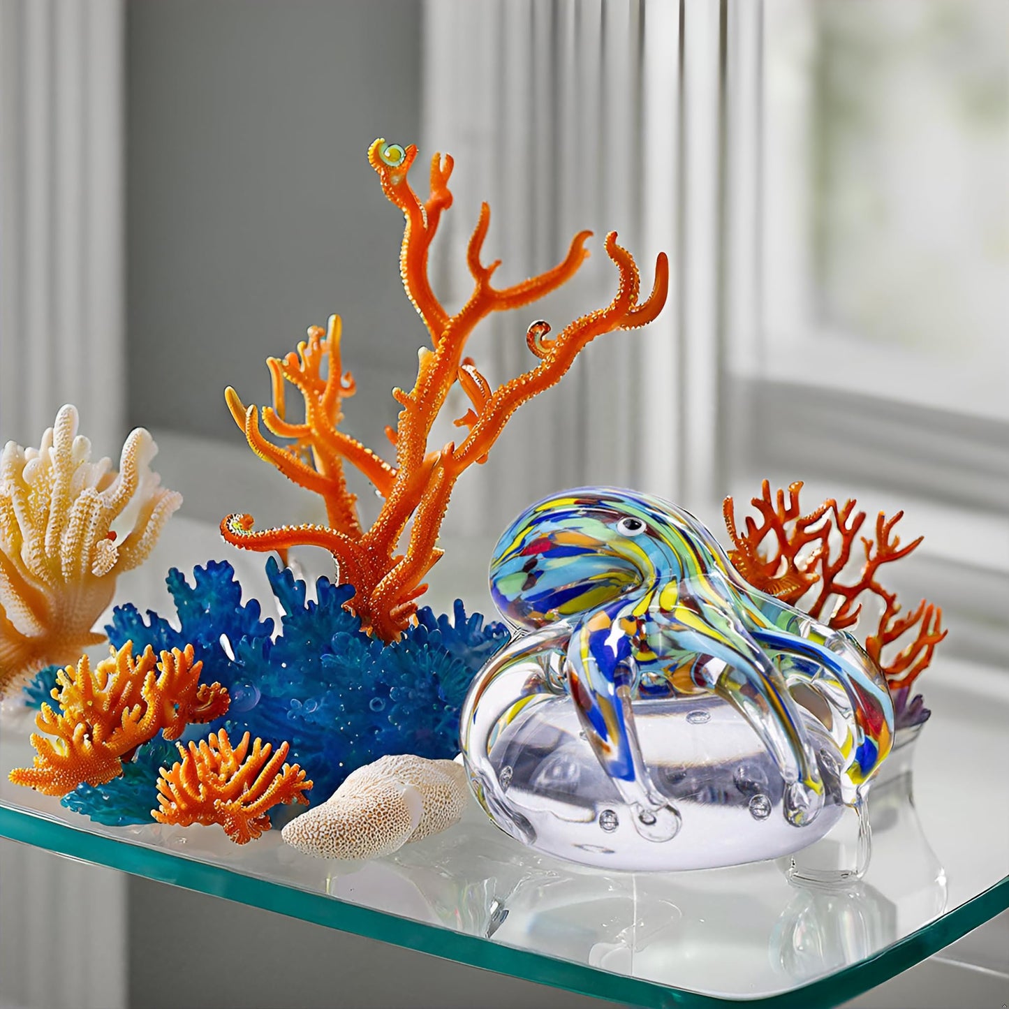 LLAVVD Hand Blown Art Glass Octopus Figurine on Crystal Ball | Handmade Sea Creature Collectible, Ocean Theme Desk Paperweight & Aquarium Decor (Turquoise)