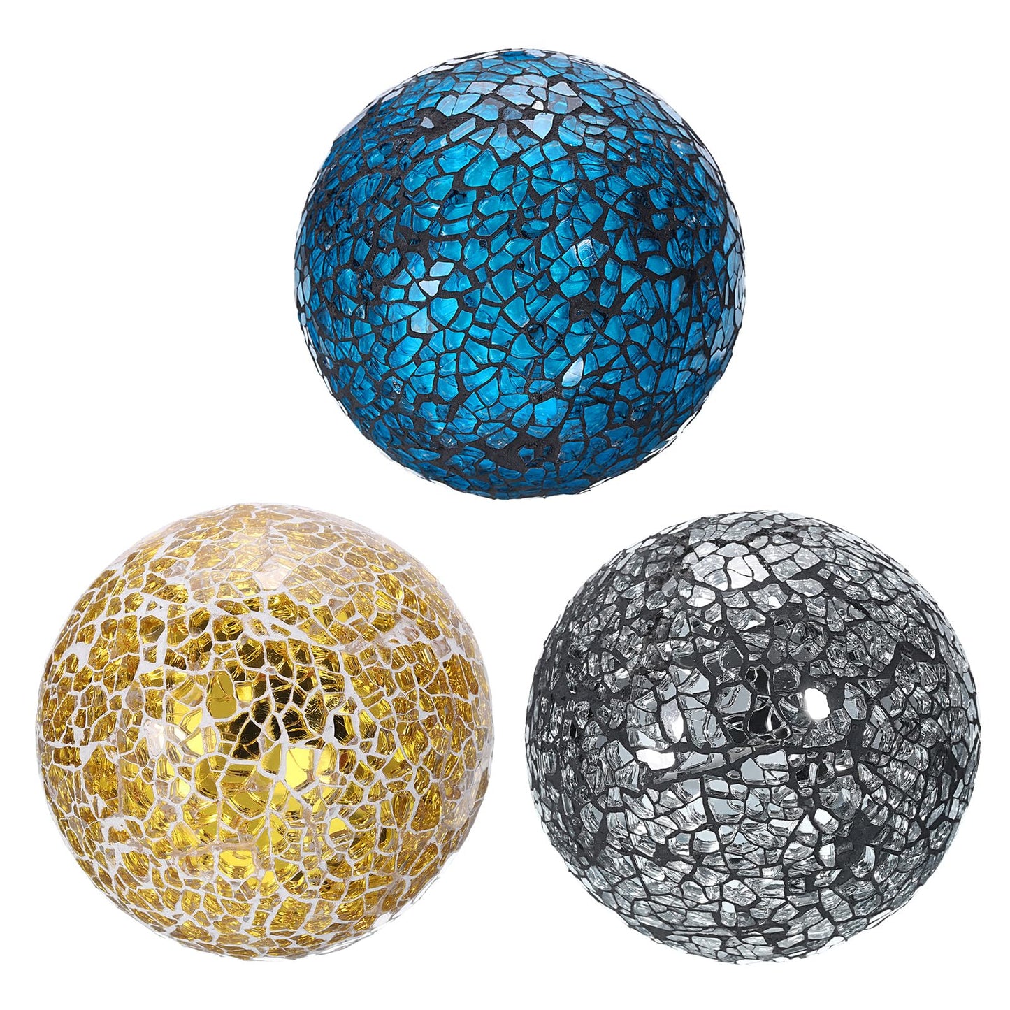 uxcell 3Pcs Decorative Glass Balls 3.15 Inch Orbs Centerpiece Balls Mosaic Glass Ball Sphere for Decor Bowls Vases Dining Table Party, Gold, Silver Black, Blue