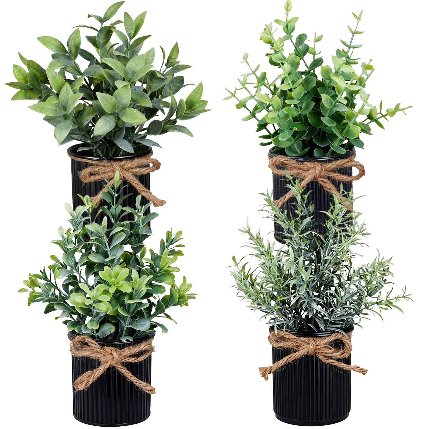 Yoratee 4 Potted Artificial Plants Metal Fake Potted Plant with Iron Pot Mini Greenery Decor Small Faux Plants for Indoor Farmhouse Home Porch Garden Bathroom Room Décor Black