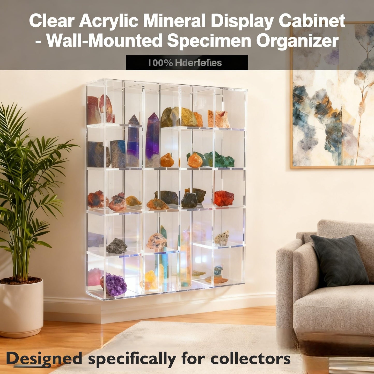 Adjustable Rock Display Case Clear Acrylic Collection Box with Mirrored Arrowhead Stones Storage Display Case Mineral Crystal Collectibles Holder Organizer Showcase Shelves with Lid
