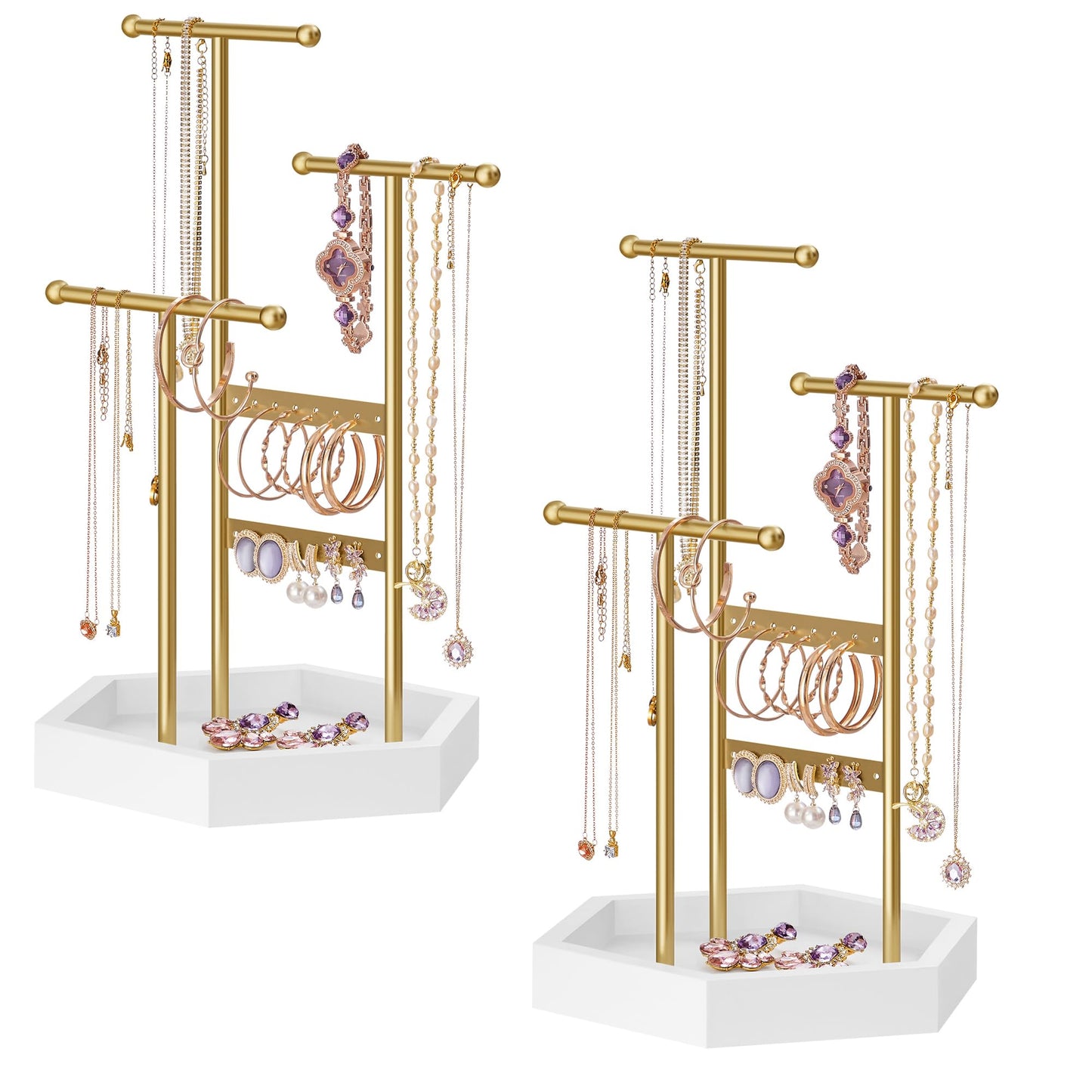 SONGMICS Set of 2 Jewelry Holders Organizers, 3 Tiers and 1 Tray, Jewelry Display Stands with Metal Frame, Necklace Earring Bracelet Holder, for Rings, Pale Gold and White UJJS003A01-2J