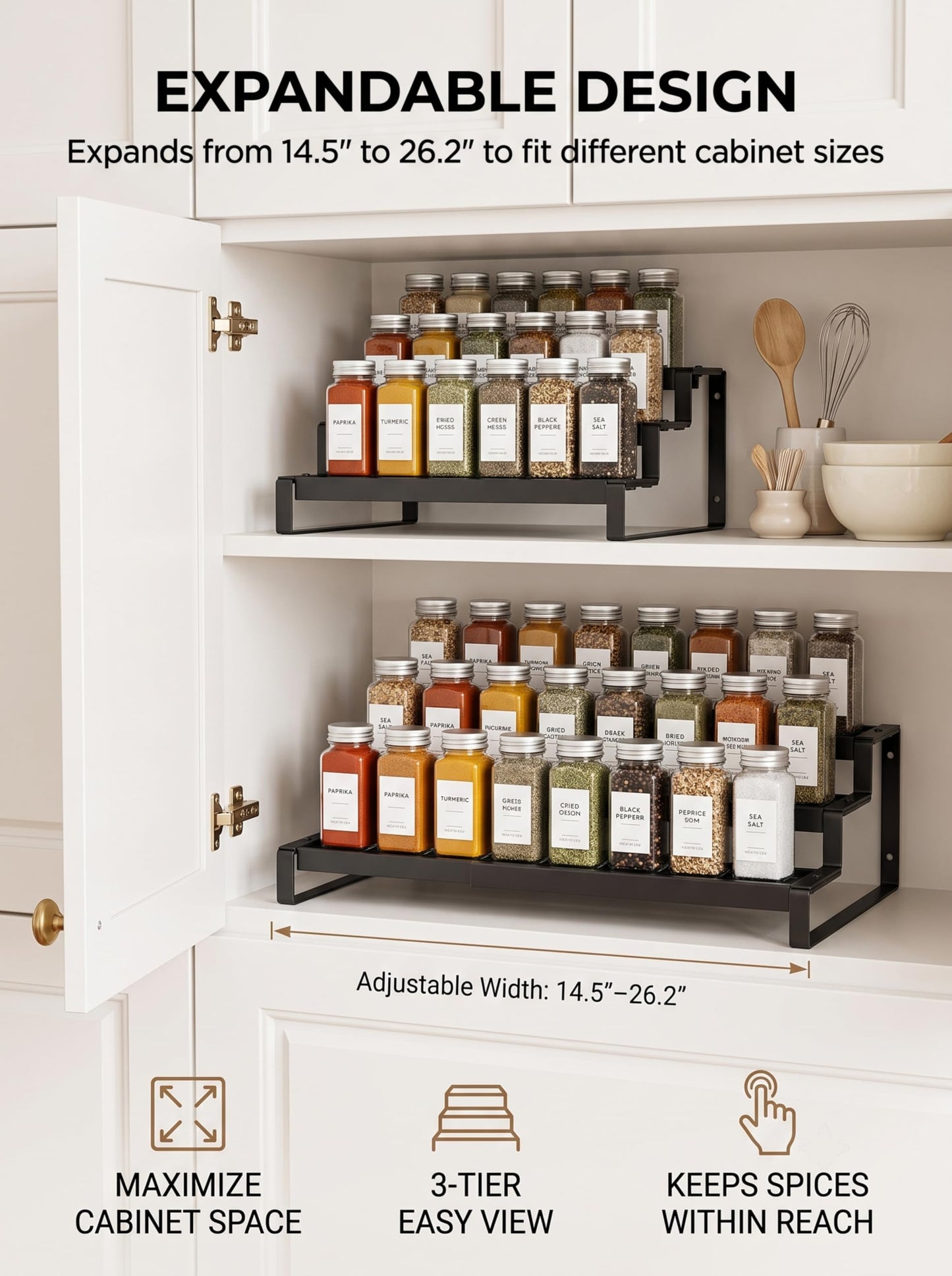 Deloban 3-Tier Spice Rack Organizer For Cabinet,Countertop Pantry Kitchen Organizer,Metal Display Rack, Suitable For Various Cans And Bottles.