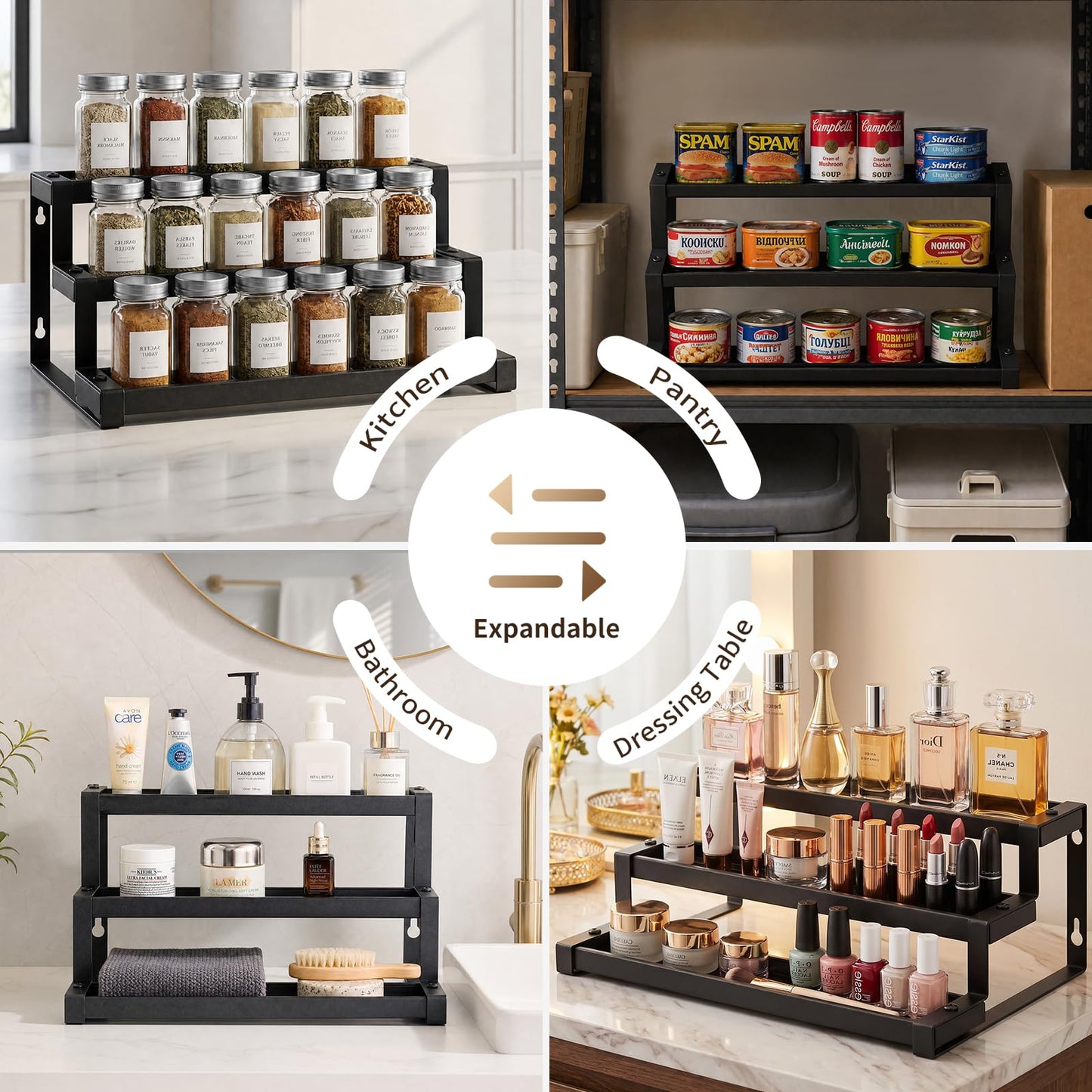 Holismo Expandable Spice Rack Organizer for Cabinet, 3-Tier Adjustable Spice Shelf 16"-29", Seasoning Organizer for Cabinet, Pantry & Countertop, Storage Rack for Jars, Bottles & Cans