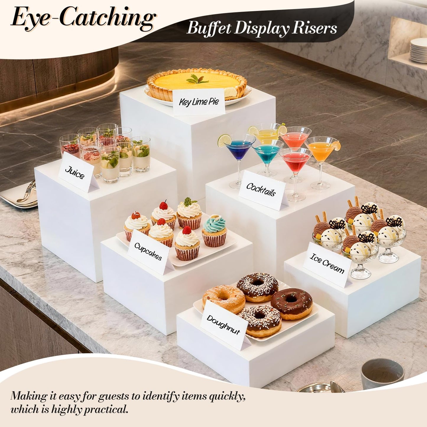6 Pcs Buffet Risers with Mini Sign and Maker, Food Risers Display Stands for Buffet Table Party Catering Dessert Jewelry Collectibles, Nesting Cube Boxes with Hollow Bottoms (8",7",6",5",4",3")