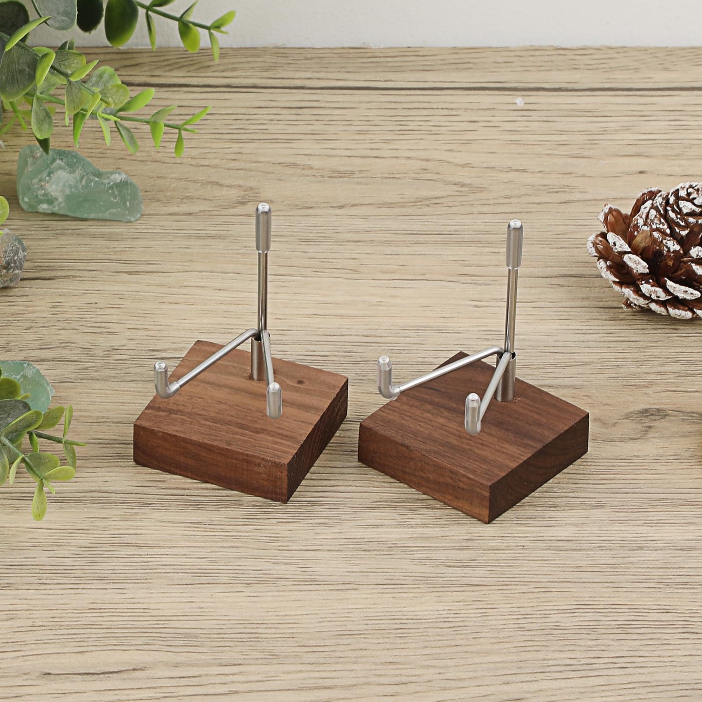 Hipiwe 2 Pack Crystal Display Stand with Wood Base, Adjustable Metal Arms Display Stand Easel for Displaying Geodes Rock Mineral Agate Coral Seashell,Small,2 x 2 x 2.9 Inches