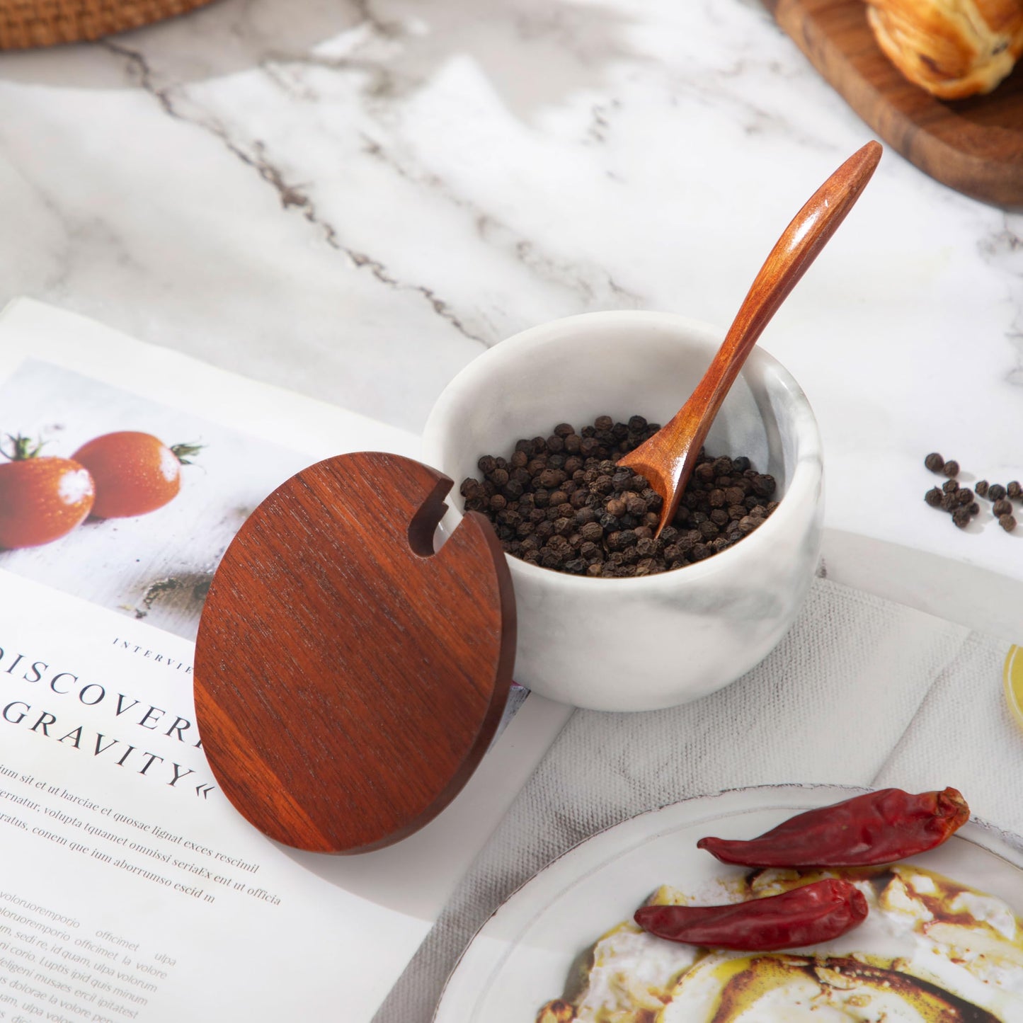 NHKRTE Marble Salt Cellar with Lid & Spoon, 11oz Salt and Pepper bowls, Handcrafted from Natural Marble, Smooth Inside (white bowl)