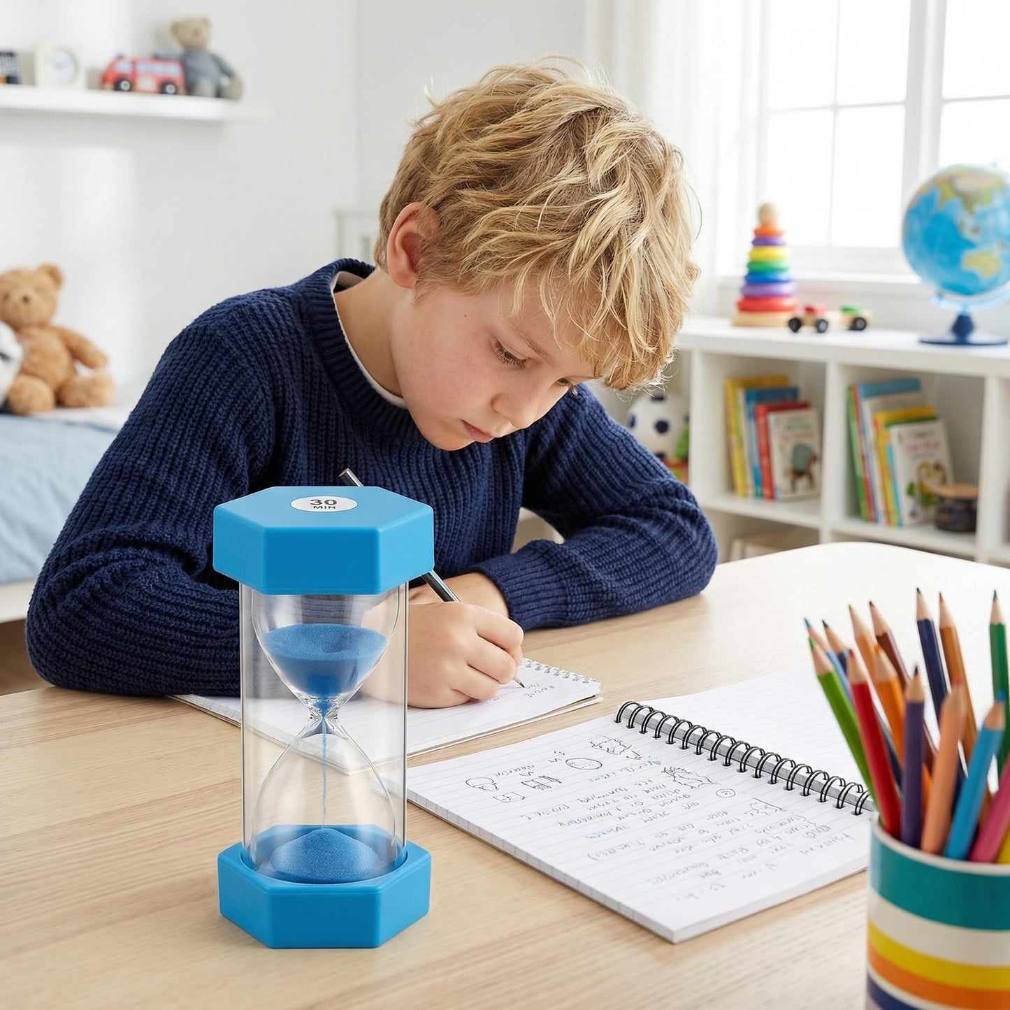 GLEAVI Visual Sand Timer for Kids, 4 Pcs Shatterproof Hexagonal Hourglass Timers (3, 10, 15, 30 Min), Anti-Roll Colorful Countdown Clock for Classroom, Toothbrushing, Study Focus, Visual Schedu