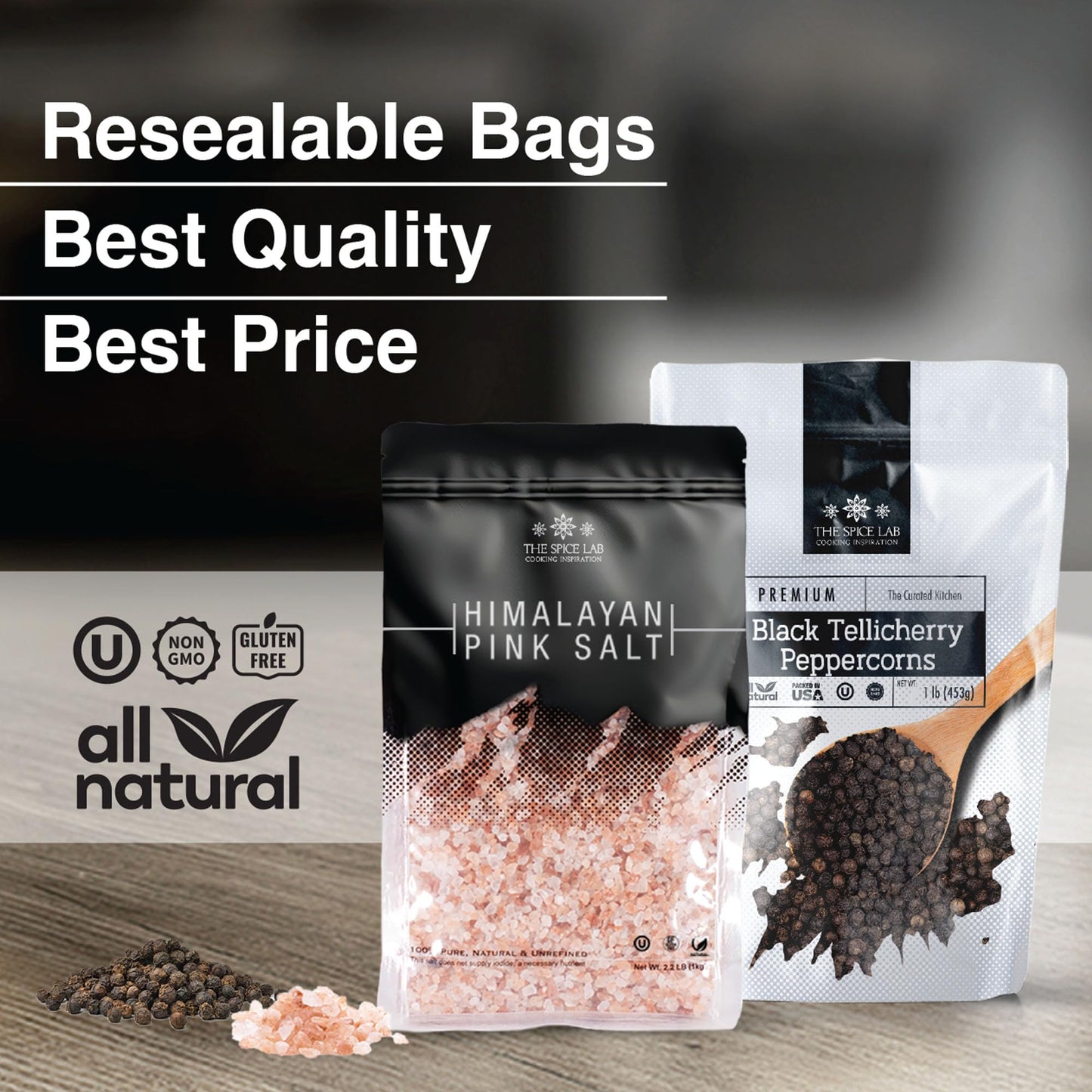 Grinder refill kit - 2.2 Lb bag of Pink Himalayan Coarse Salt & 1 Lb of Tellicherry Black Peppercorns - Salt and Peppercorn refill Gift Pack - Premium Himalayan Salt and Tellicherry Peppercorns for use in a Grinder or Salt Mill. By The Spice Lab