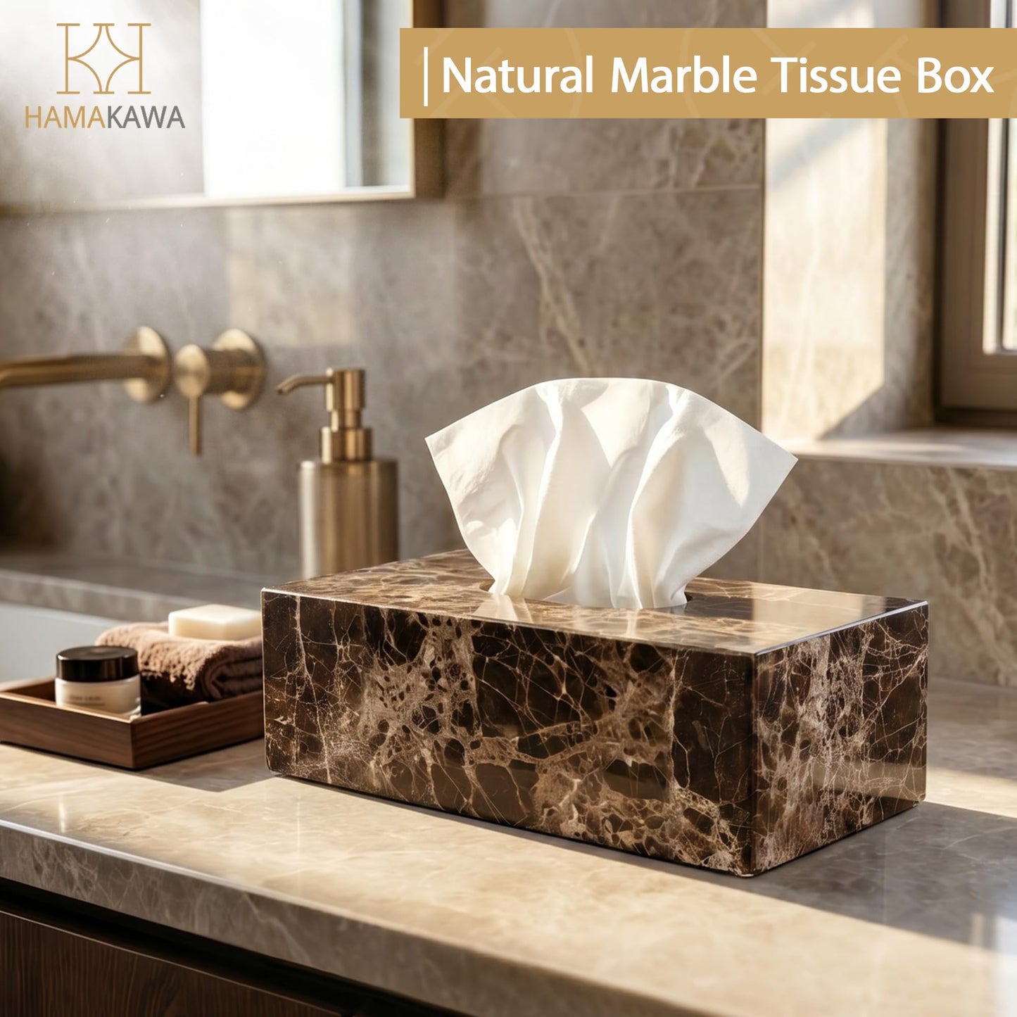 HAMAKAWA Spanish Natural Marble Tissue Box Cover, Dark Brown Tissue Organizer 10 X 5.5 X 3.9 Inch, Heavy Stone Decorative Box, Rectangle Tissue Box Holder for Home Decor, Kitchen, Bathroom, Bedroom