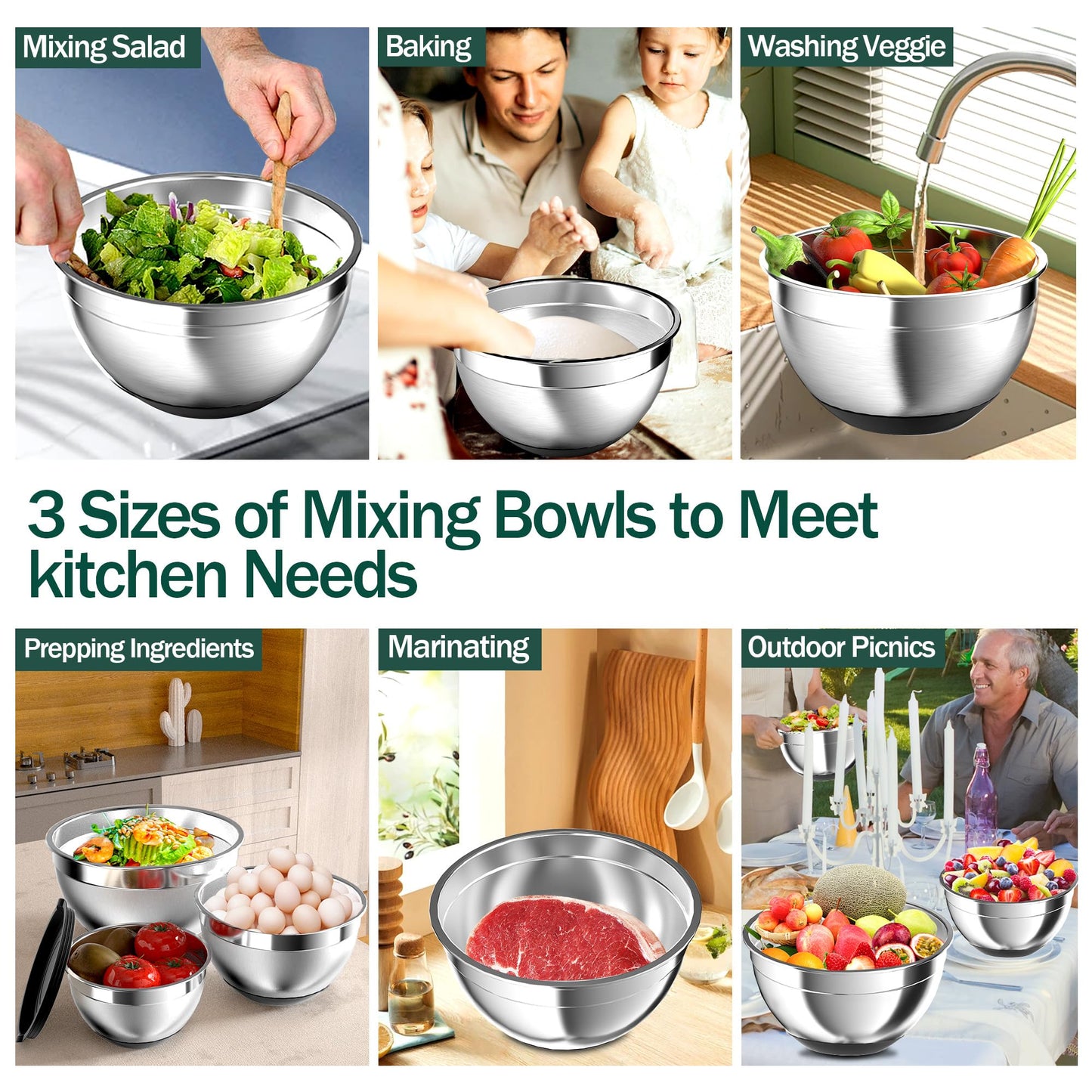 Mixing Bowls with Airtight Lids, Stainless Steel Mixing Bowl Set with 3 Nesting Kitchen Metal Bowls, Colander & Grater, Non-Slip Bottoms, Size 1.5, 2.5, 5 QT, Great for Mixing & Serving, Black