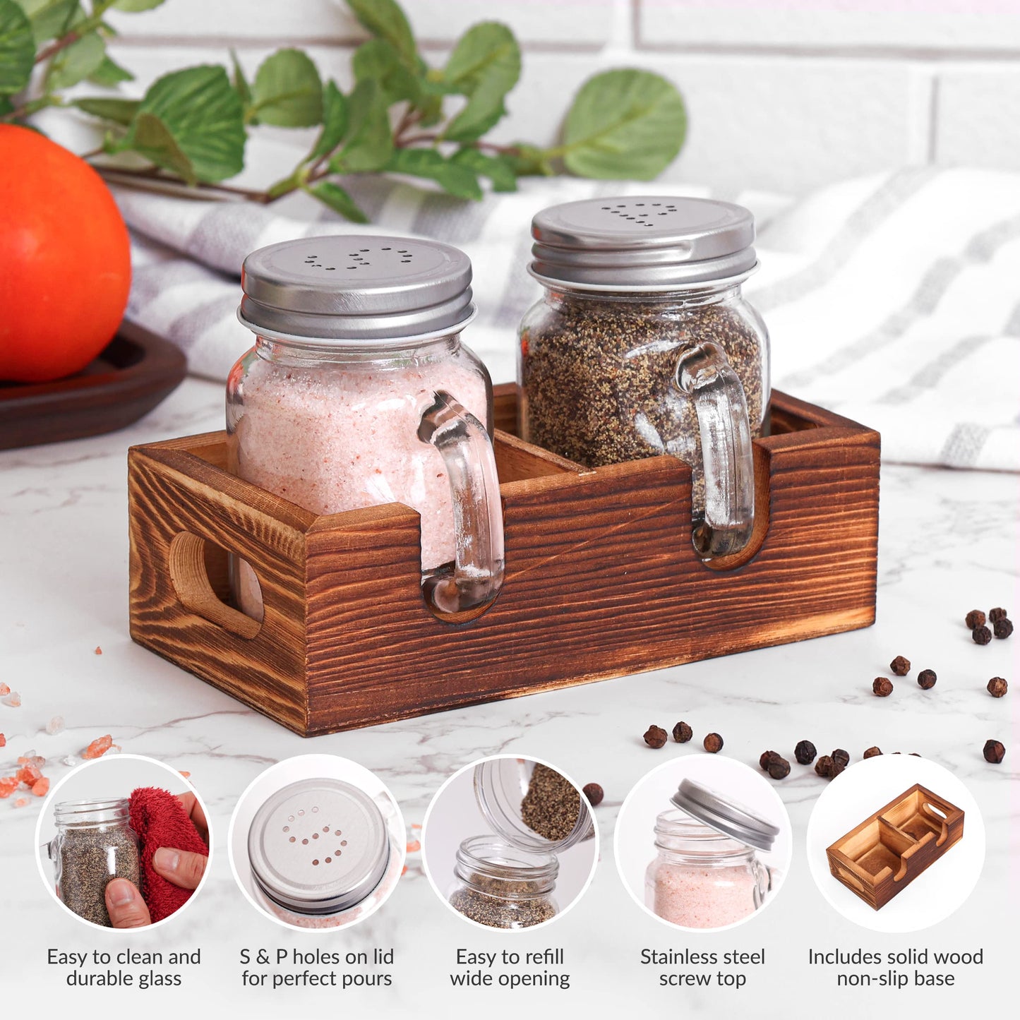 Mason Jar Salt and Pepper Shakers - Glass Shaker Set with Wood Holder Caddy, Easy to Clean & Refill for Farmhouse Kitchen Table, Home and Gifts