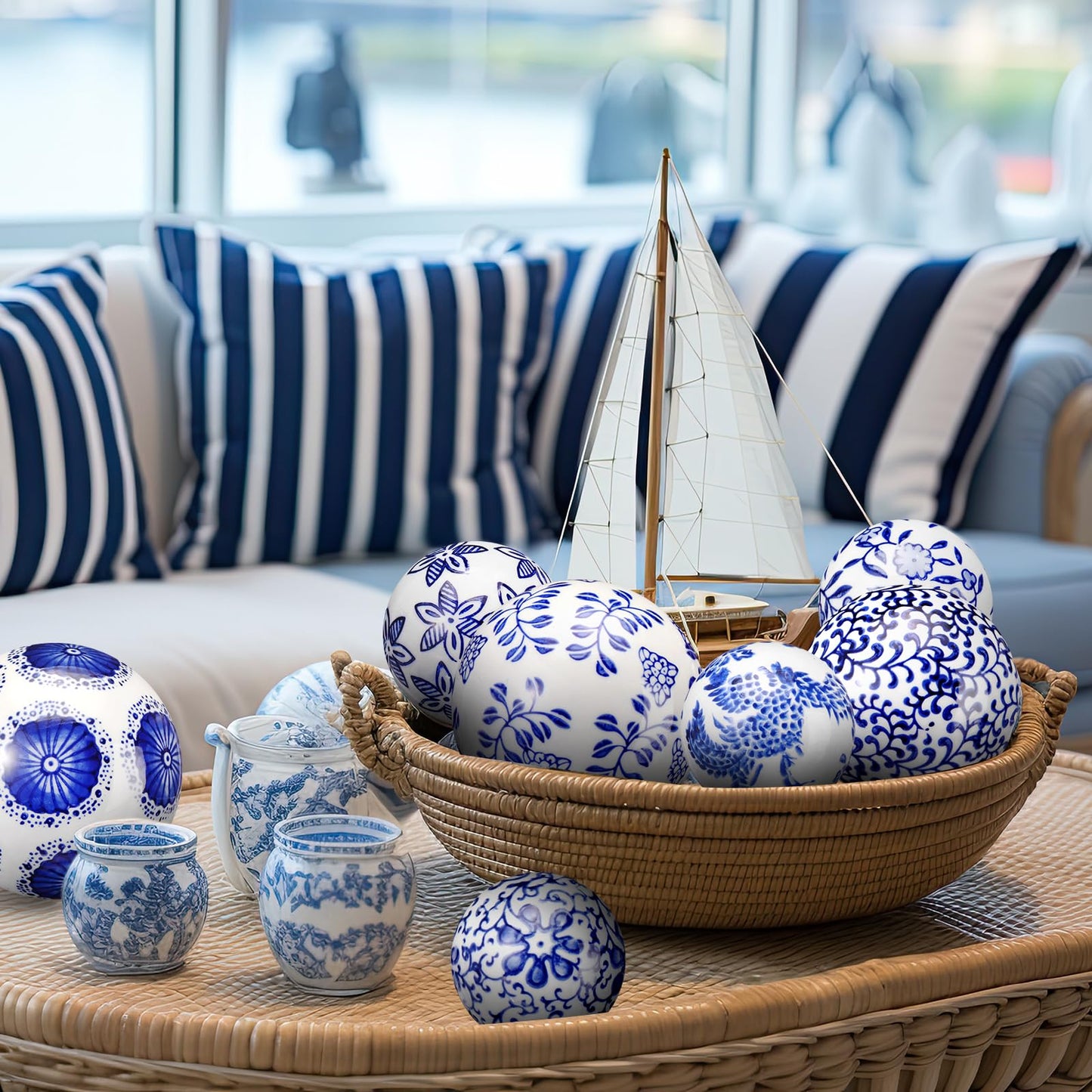 Ziliny 8 Pcs Porcelain Decorative Balls for Centerpiece Bowls 3.14'' /2.36'' Blue and White Ceramic Chinoiserie Balls for Vases Tray Bowl Basket Tables Christmas Wedding Party Home Decor