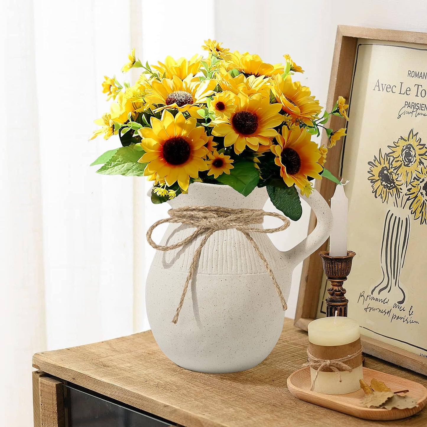 Farmhouse Ceramic Vase with Handle, Rustic Ceramic Pitcher Vases for Home Decor, Decorative Pottery Jug Flower Vase, Centerpiece for Your Kitchen/Bedroom/Office/Living Room/Shelf/Mantel
