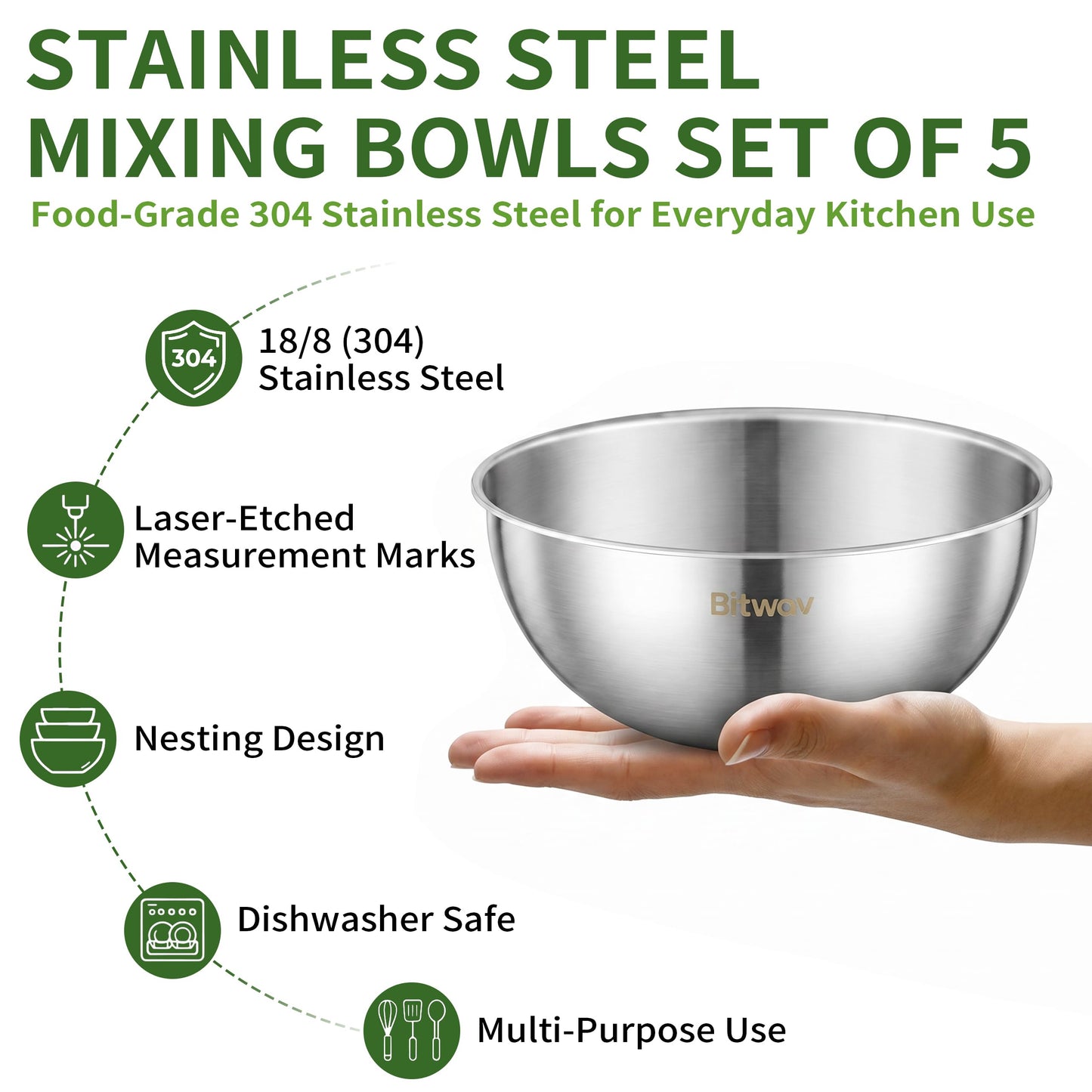 Bitwav 304 Stainless Steel Mixing Bowls Set of 5, 1.1/1.6/1.9/2.5/3.5 QT Food Grade Metal Bowls with Measurement Marks, Dishwasher Safe & Stackable Nesting for Baking, Salads, Meal Prep, RV & Camping