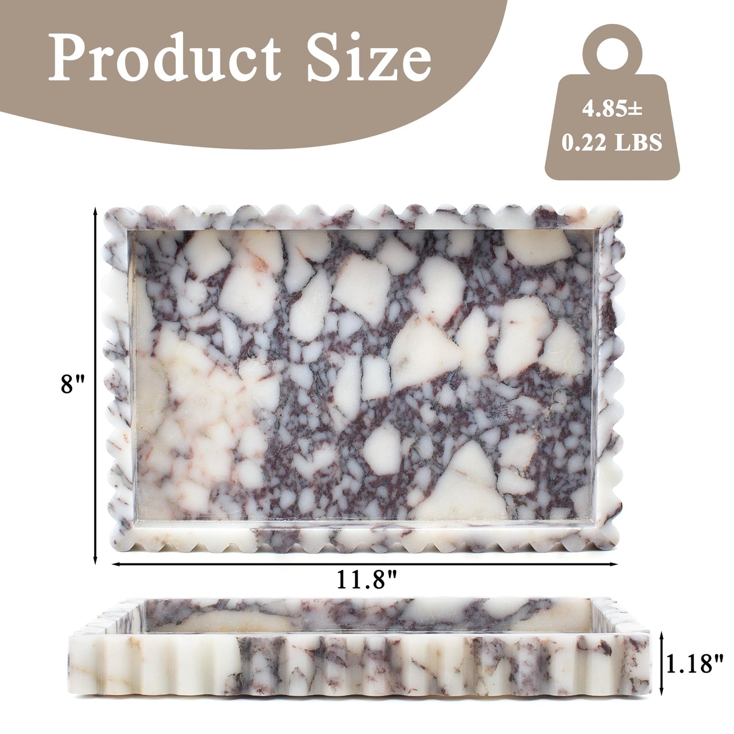 YMXYJM Natural Marble Tray for Bathroom, Real Stone Decorative Vanity Tray with Fluted Edge, Large Marble Serving Storage Tray for Kitchen Counter, Dresser, Home Decor, 11.8" x 8", Calacatta Viola