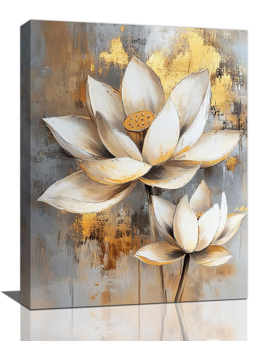 Olivine Zen Wall Art, Lotus Pictures Wall Decor, White and Golden Lotus Flower Bloom Painting Canvas Prints, Framed Artwork for Bedroom Bathroom Living Room Office Spa Meditation Yoga 16”x12”