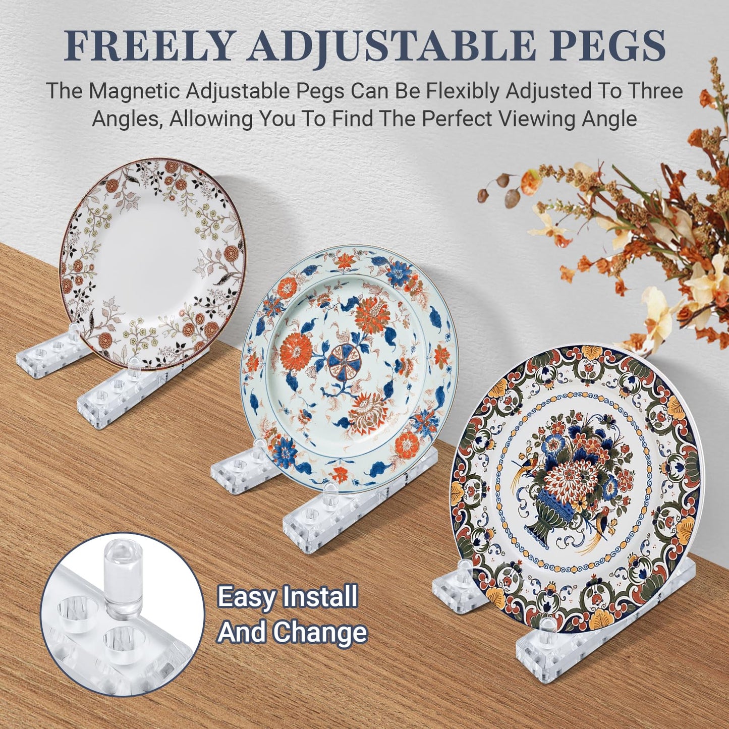 2 pack Acrylic plate holders for displaying, Adjustable dish display stand suitable for Display Plates Photos Holder Picture Frames or Other Items at Weddings, Birthdays, Home Decoration, Tables.
