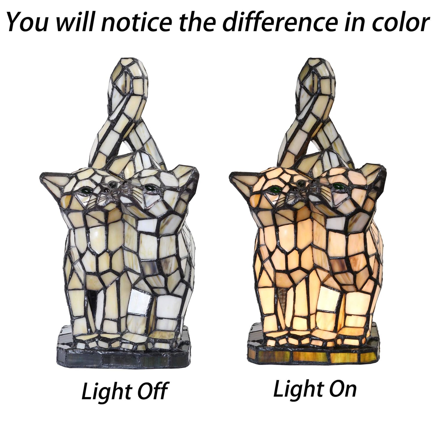 Bieye L10771 Cats in Love Tiffany Style Stained Glass Accent Table Lamp Night Light for Home Decoration (Two Cats, Yellow)