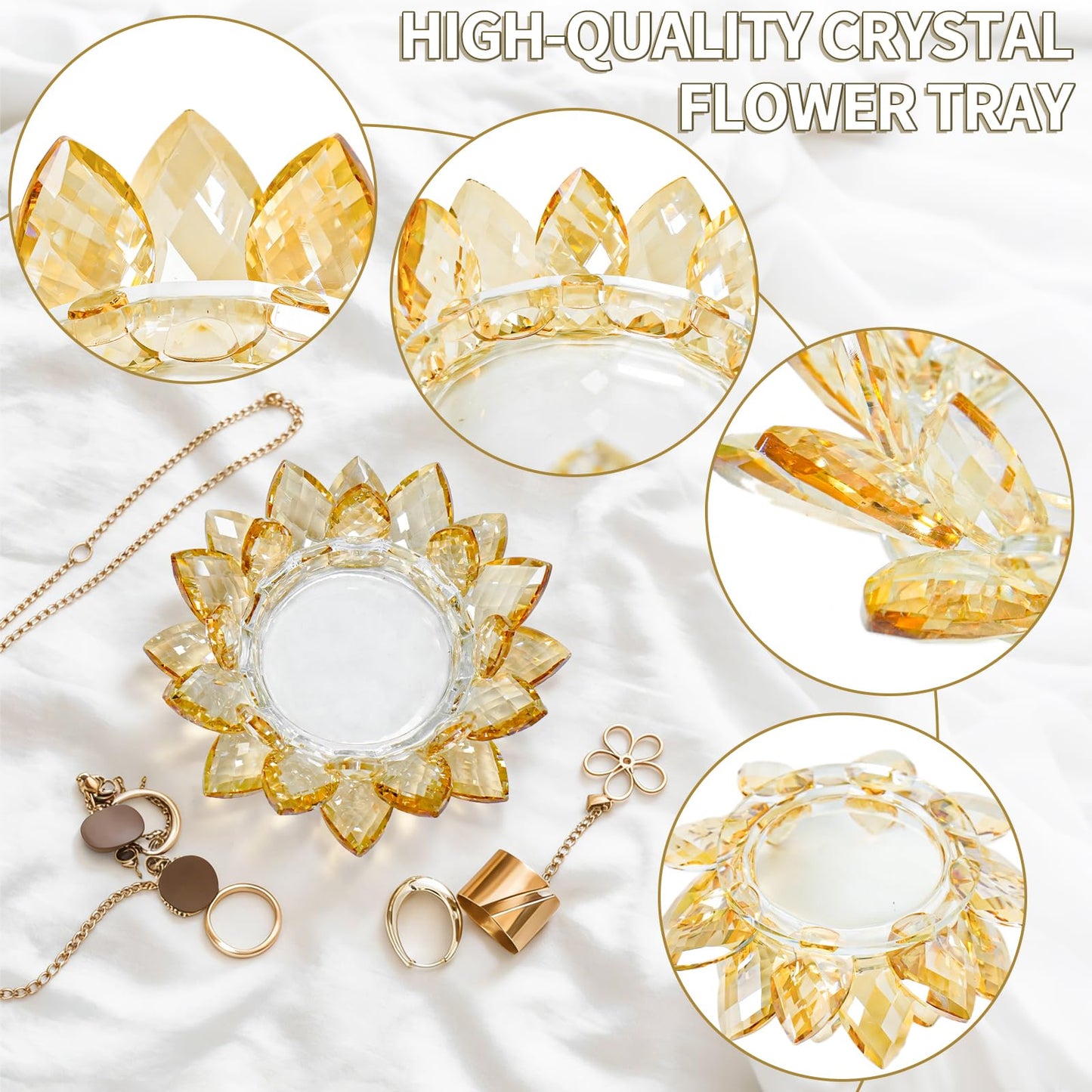 Crystal Flower Jewelry Tray, Luxury Transparent Decorative Trinket Dish for Rings, Earrings, Necklaces, Keys for Vanity Dresser Nightstand, Elegant Gift for Women Mother's Day (1, 6.3"(W)- Gold)