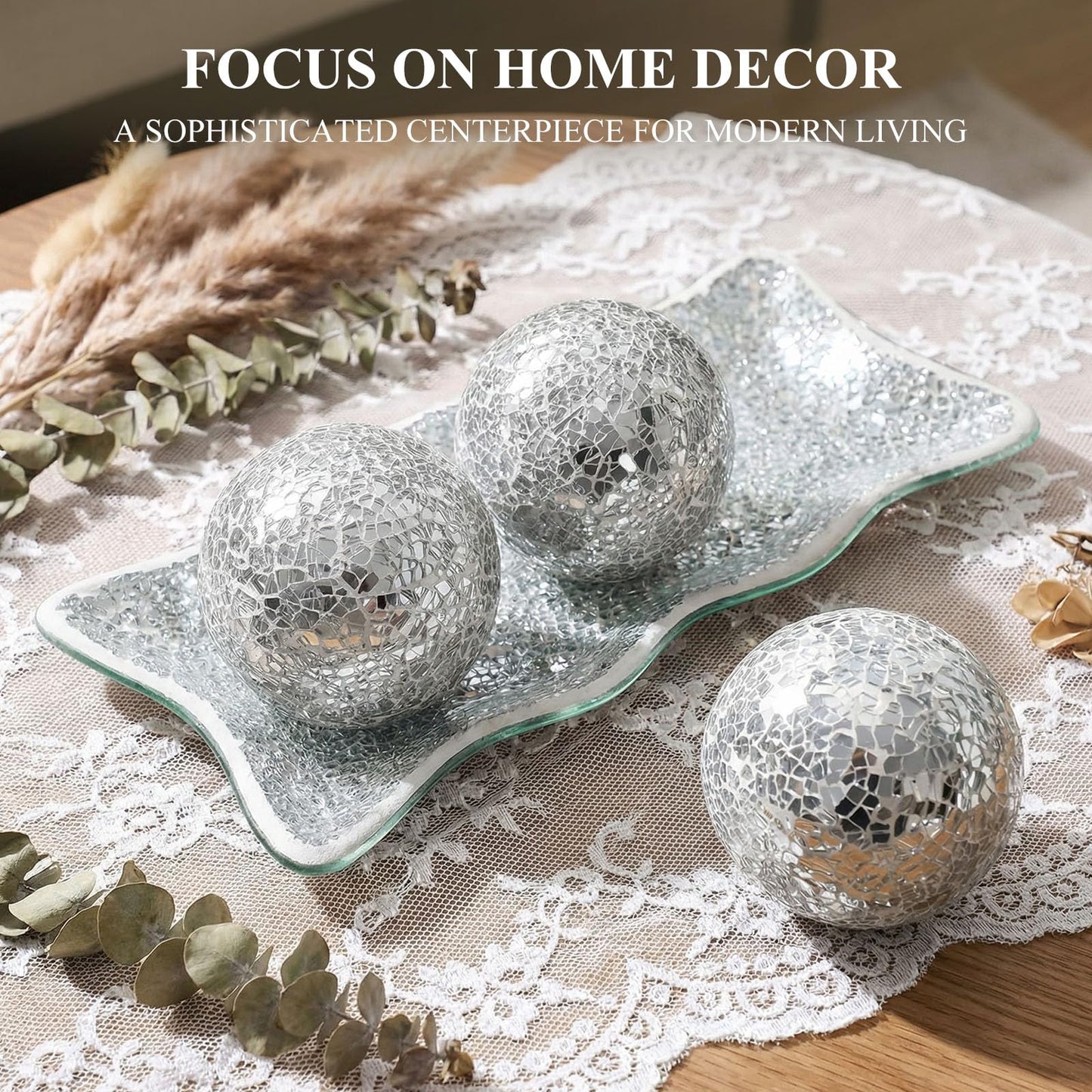 JOHOUSE 3PCS Decorative Balls with Tray, 3 Inch Silver Orbs Glass Balls for Centerpiece Bowls Mosaic Sphere for Home Decoration Dining Table