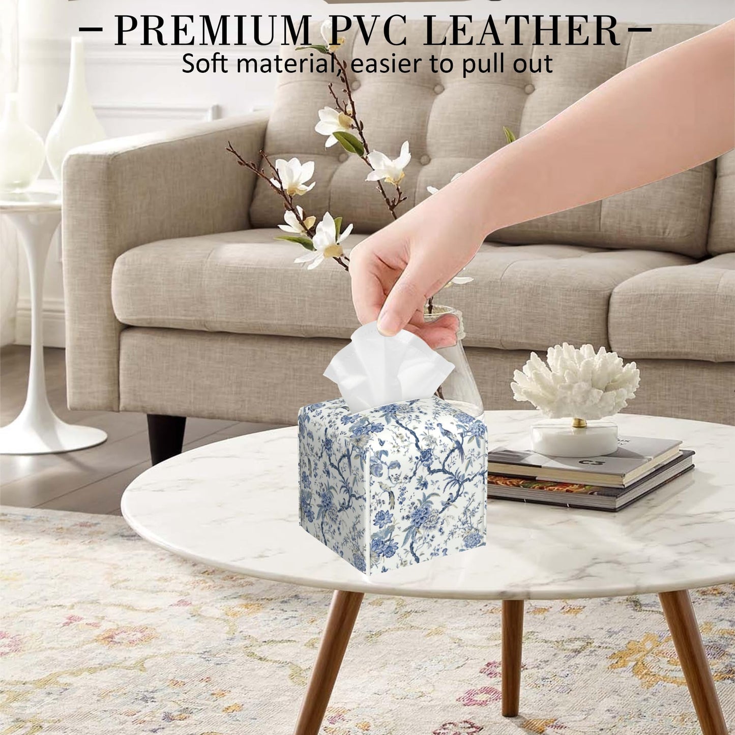 POIUBLE Blue Flower and Bird Tissue Box Cover Leather Tissue Box Holder Square Facial Paper Organizer Dispenser for Bathroom Kitchen Bedroom Vanity Countertop Night Stands
