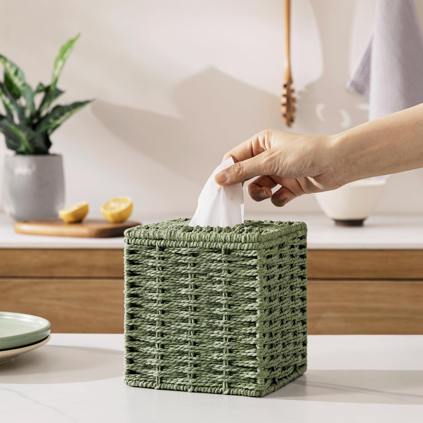 Sage Green Tissue Box Cover, Paper Rope Hand Woven Square Tissue Box Holder for Home Decor, Bathroom Countertop, Office, Bedside Table
