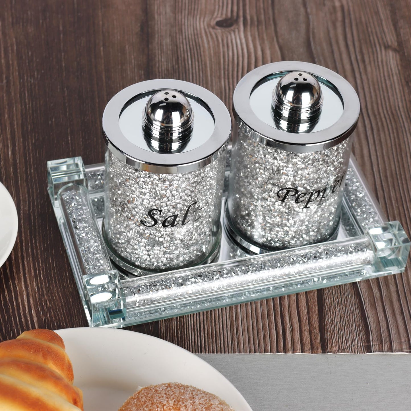 Ulable Crystal Salt and Pepper Shakers with Mirrored Tray, Crystal Crushed Diamond Home Decor, Bling Glass Salt and Pepper Shakers, Sparkly Salt Pepper Glass Jar for Kitchen, Dining Table, Restaurant