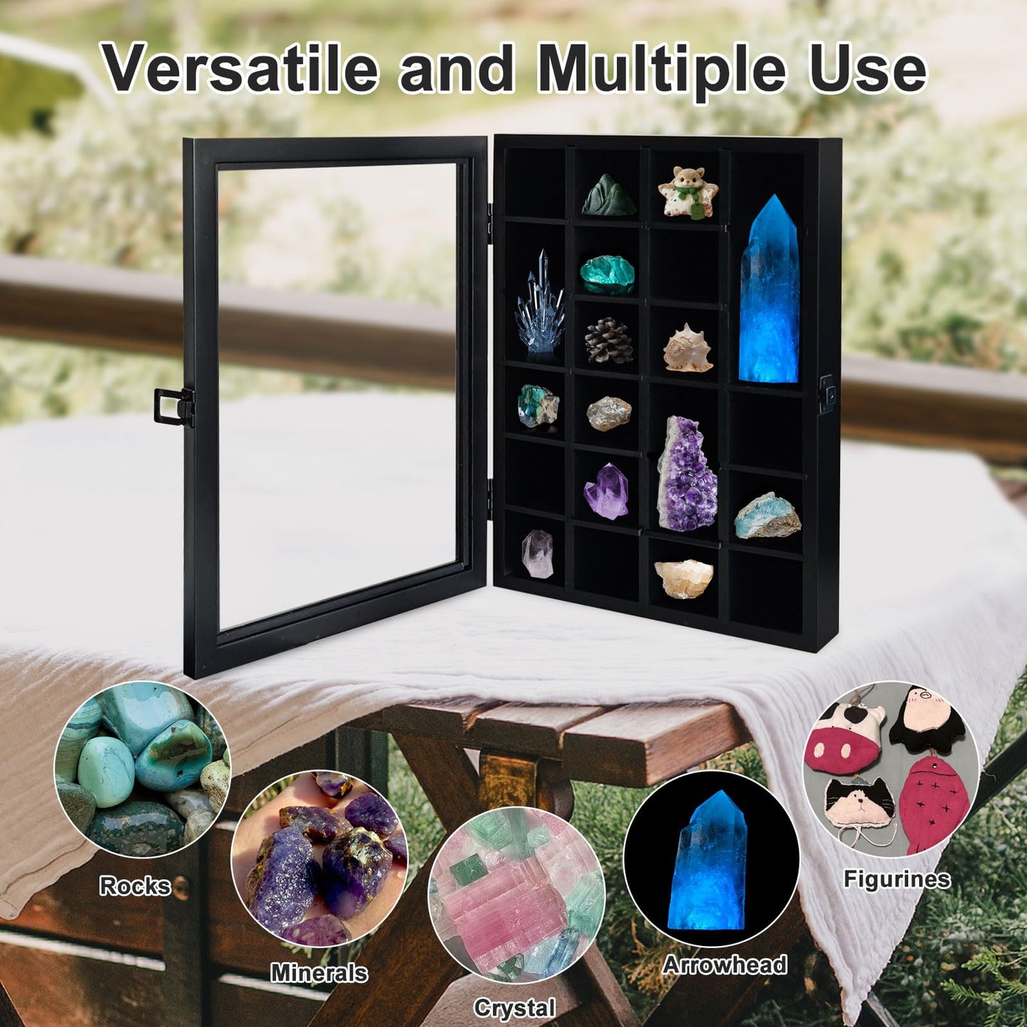 Adjustable Rock Display Case with Acrylic Doors, Wall-Mountable Cabinet with Removable Shelves for Small and Large Rocks, Showcase for Rock and Mineral Collectors