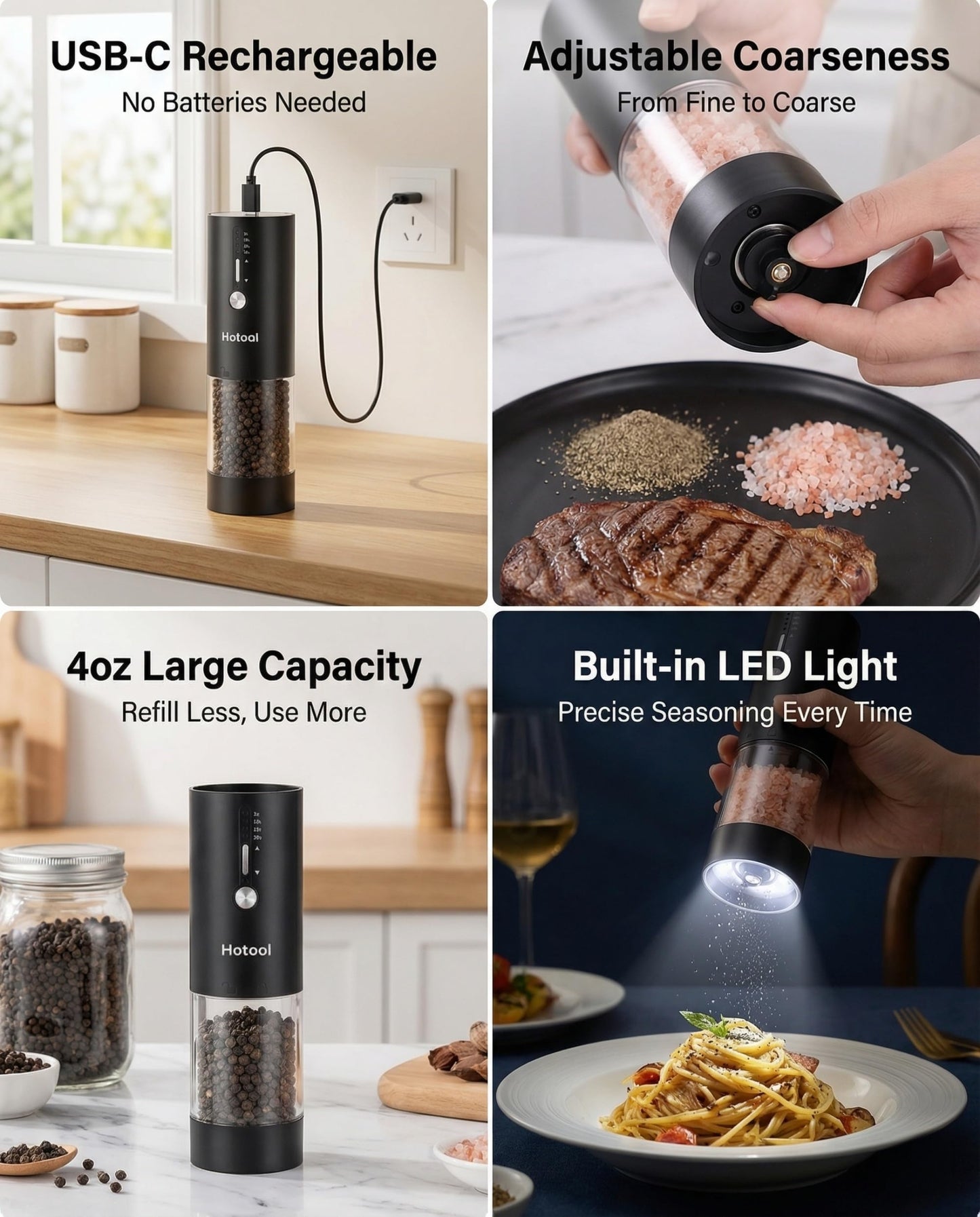 Hotool Electric Salt and Pepper Grinder Set - Rechargeable Salt and Pepper Shakers with Base - Adjustable Coarseness Salt Grinder - Kitchen Gadgets, Gifts for Mom, Dad, Women, Men, Sister, Grandpa
