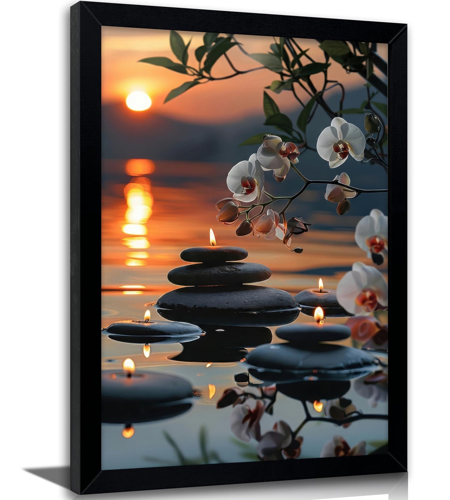 Framed Zen Orchid Stone Wall Art, Sunset Water Reflection Spa Decor with Floating Candles, Serene Botanical Canvas Print for Bathroom Bedroom Office, Calm Asian Inspired Artwork